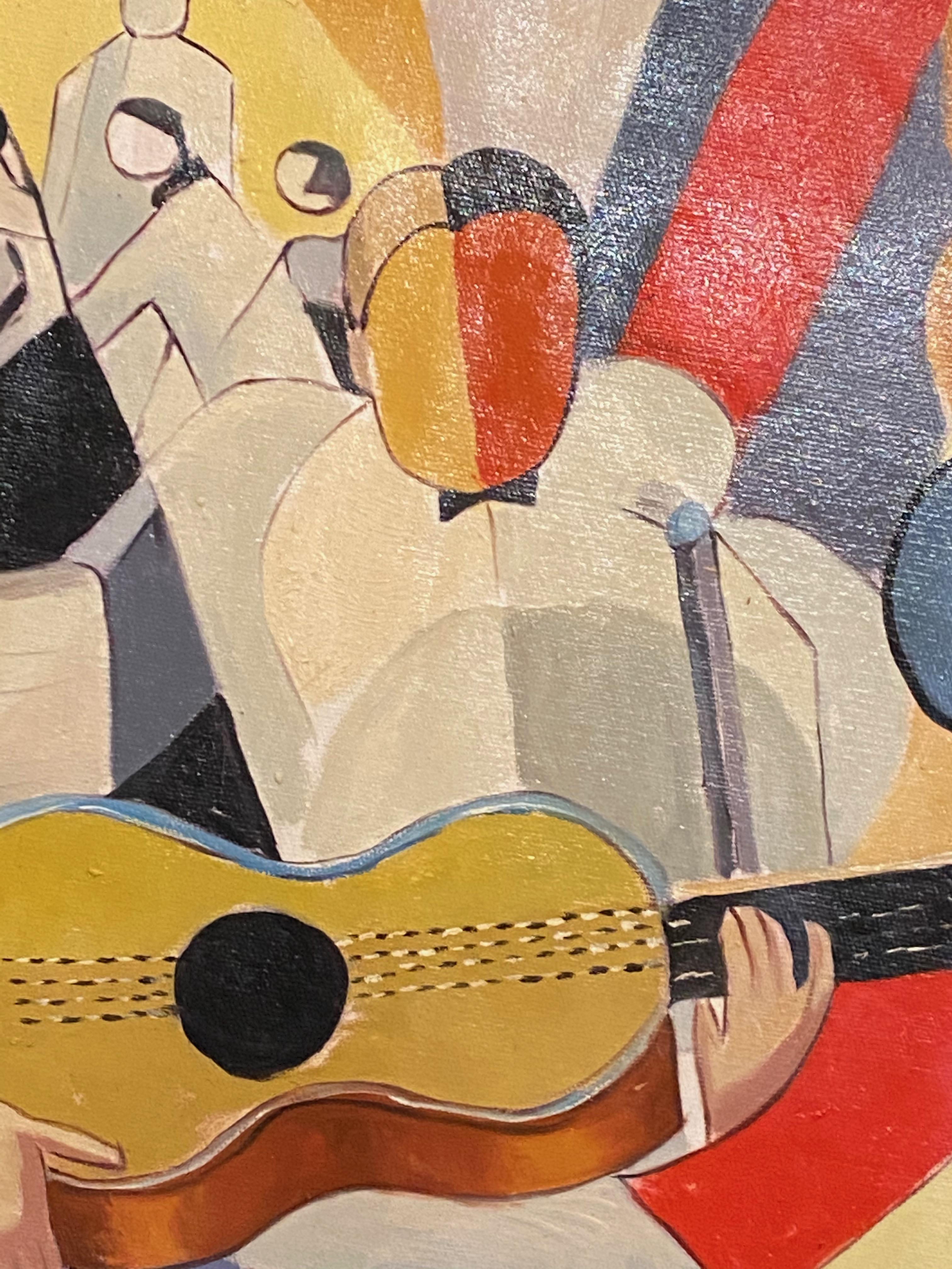 Mid-20th Century Bela De Kristo Art Deco Cubist Oil on Canvas Man Playing Guitar For Sale