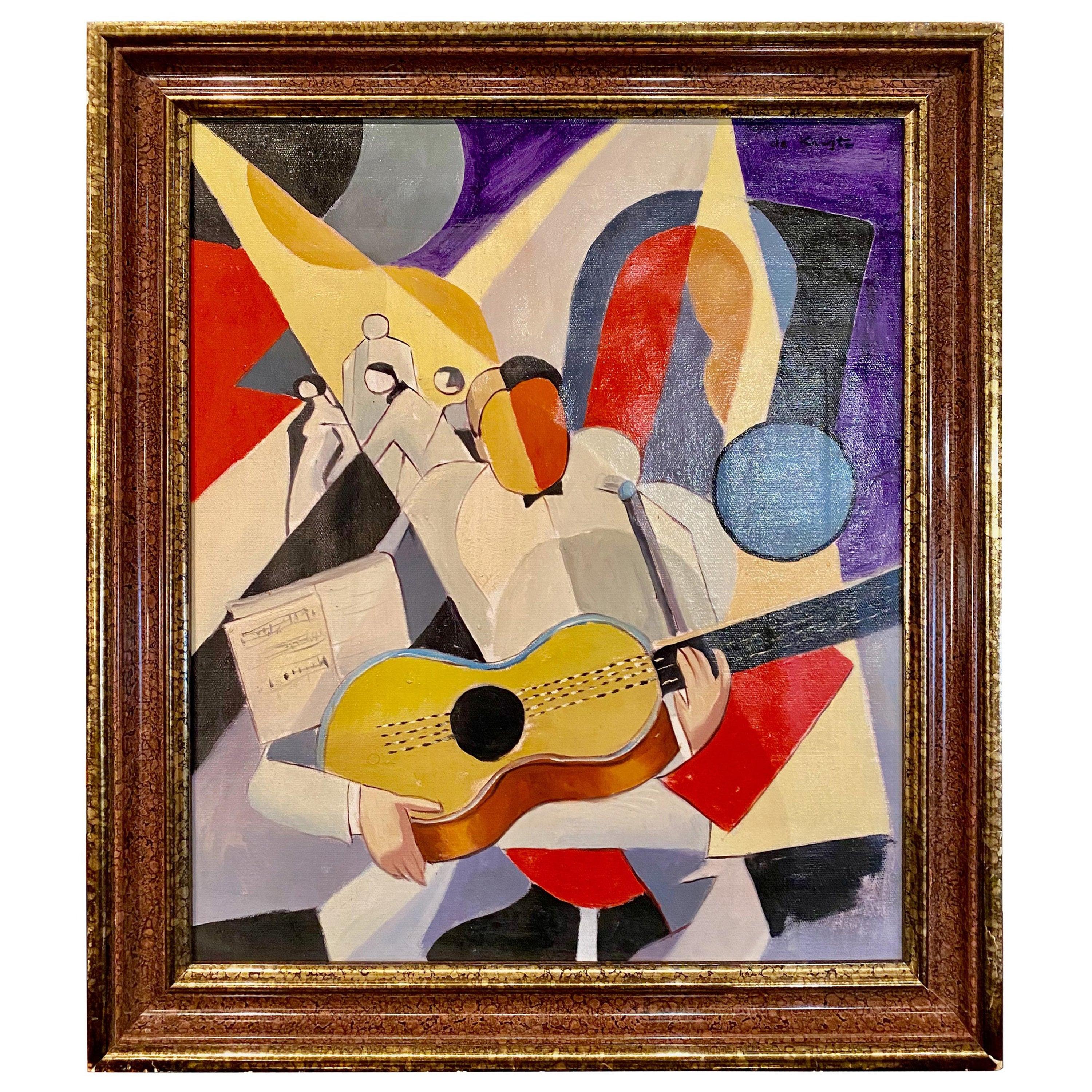 Art Deco cubist painting of a guitar player by Bela De Kristo. Strong cubist style and colors, original and of the period. The image representing a solo guitarist with dancers in the background and sheet music adds to the overall feeling and the