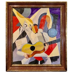 Vintage Bela De Kristo Art Deco Cubist Oil on Canvas Man Playing Guitar