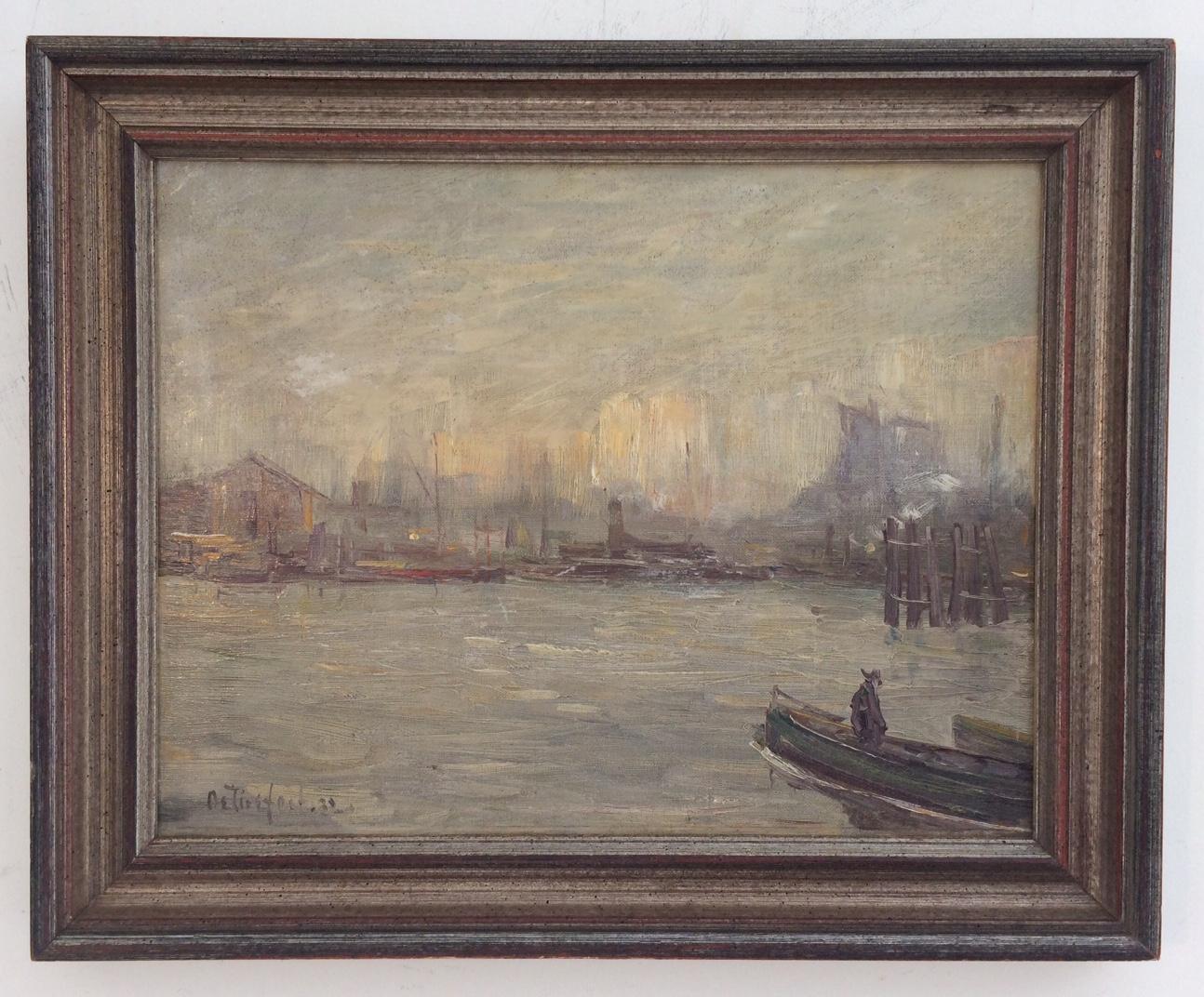 « New York City Harbor », vue moderniste d'un port et de bateaux par un jour nuageux - Painting de Bela de Tirefort