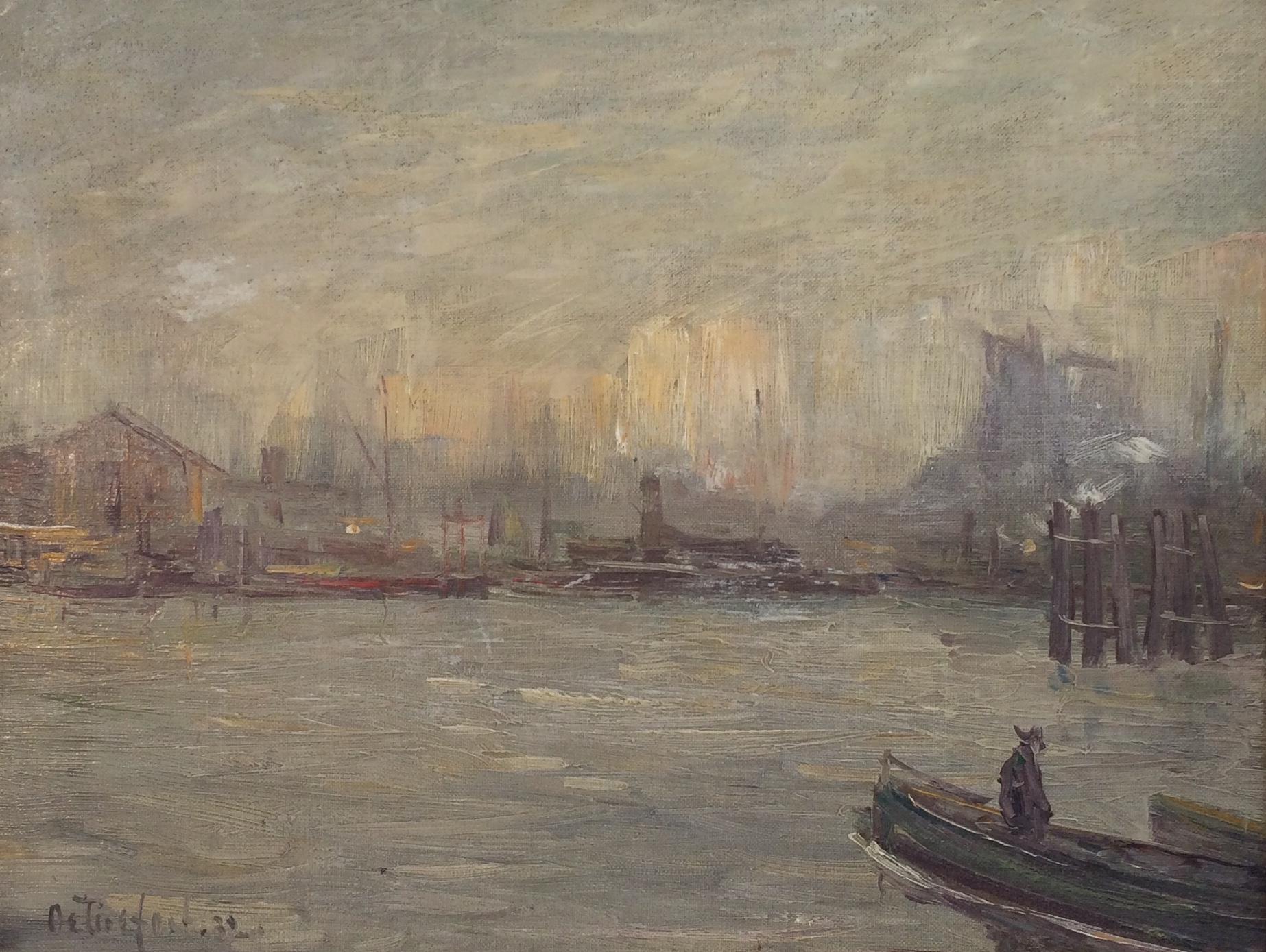 "New York City Harbor," Modernist View of Port and Boats on a Cloudy Day