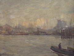 "New York City Harbor," Modernist View of Port and Boats on a Cloudy Day