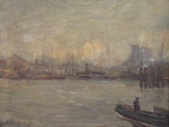 "New York City Harbor, " Modernist View of Port and Boats on a Cloudy Day