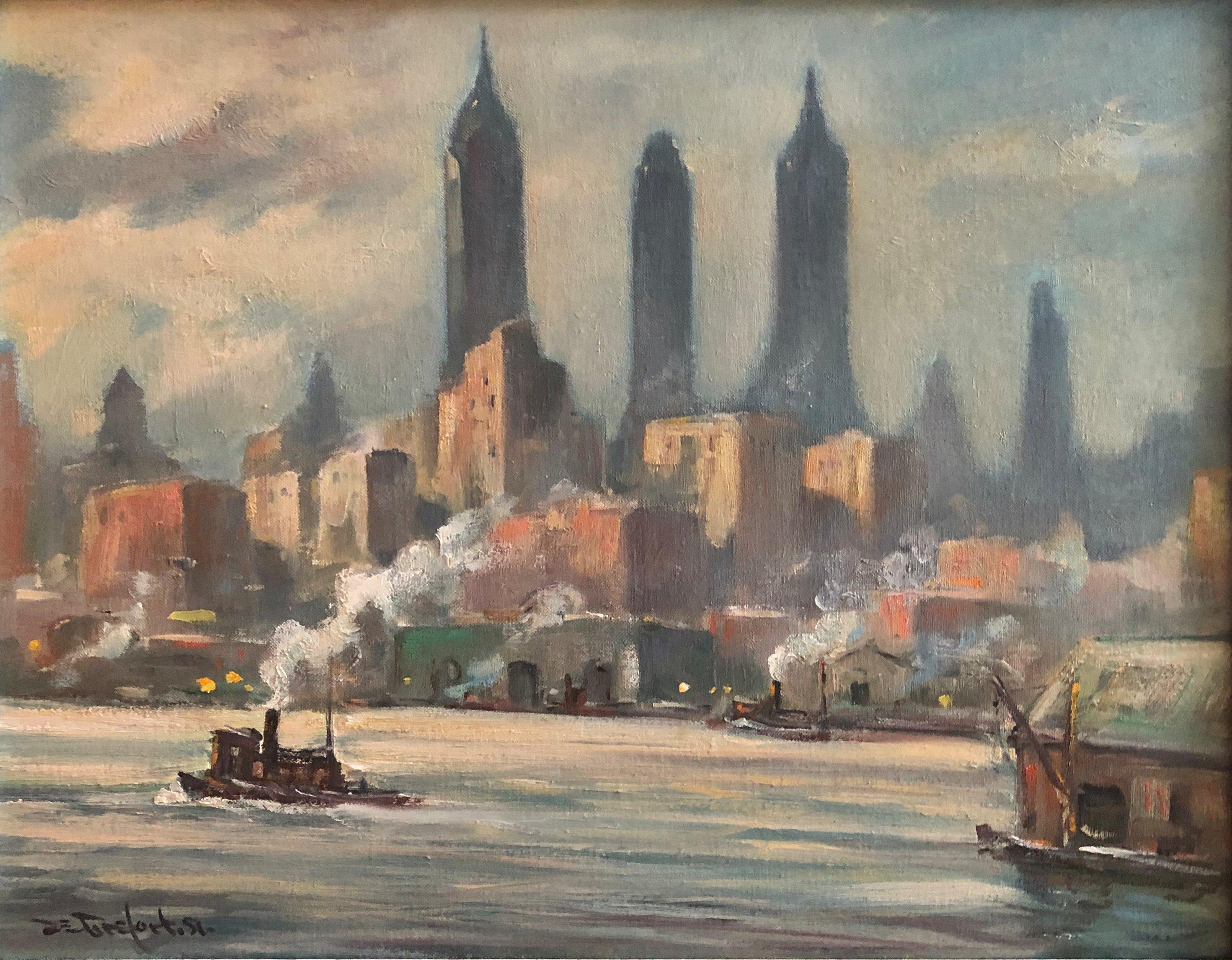 Bela de Tirefort Landscape Painting - "New York Harbor from the East River, 1951, " American Cityscape of NYC Skyline
