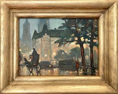 Vintage "Rain by The Plaza Hotel" Impressionist Oil Painting of New York City at Night
