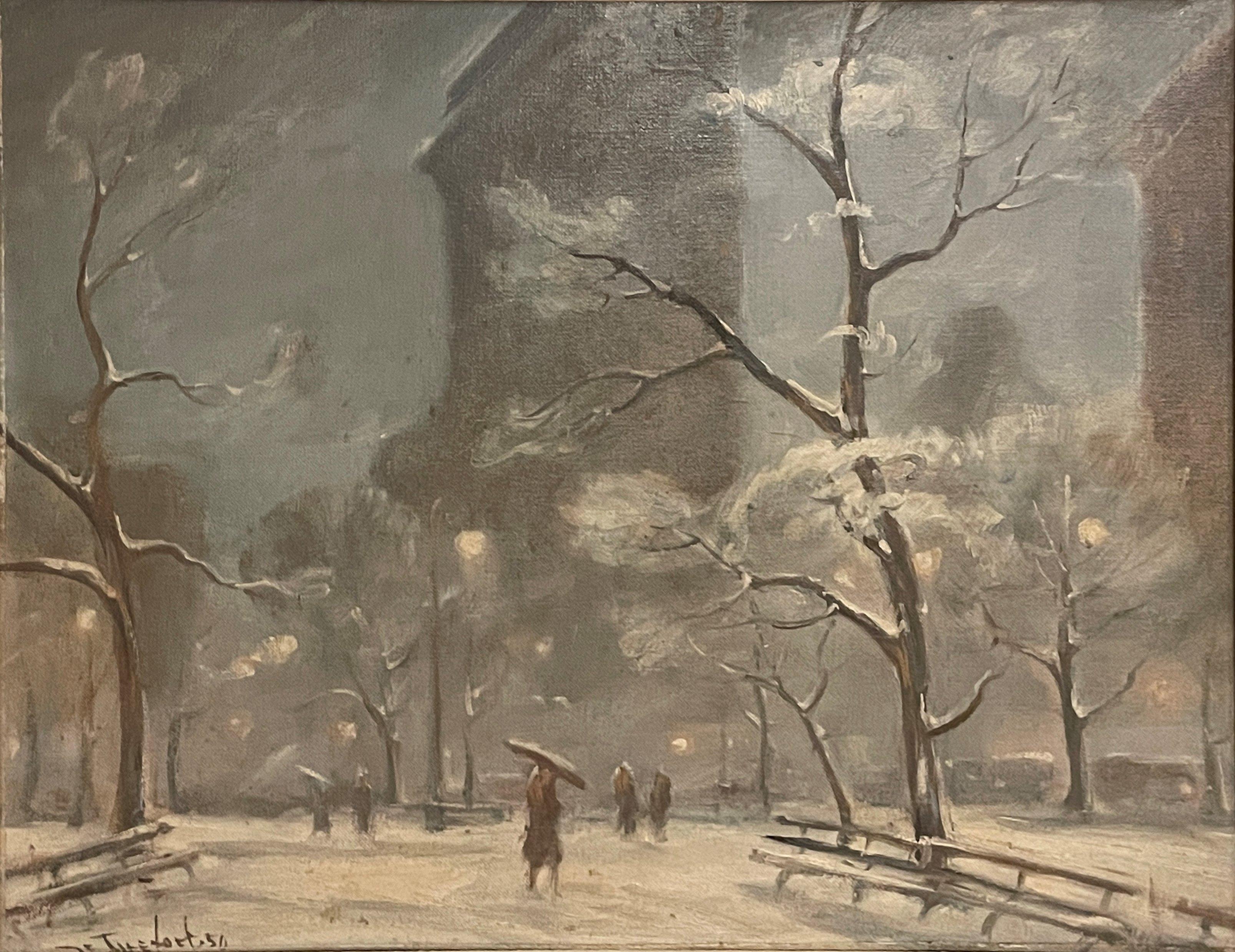"Snow at Madison Square Park," Bela de Tirefort, New York Snow Street Scene