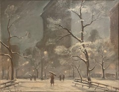 Vintage "Snow at Madison Square Park, " Bela de Tirefort, New York Snow Street Scene