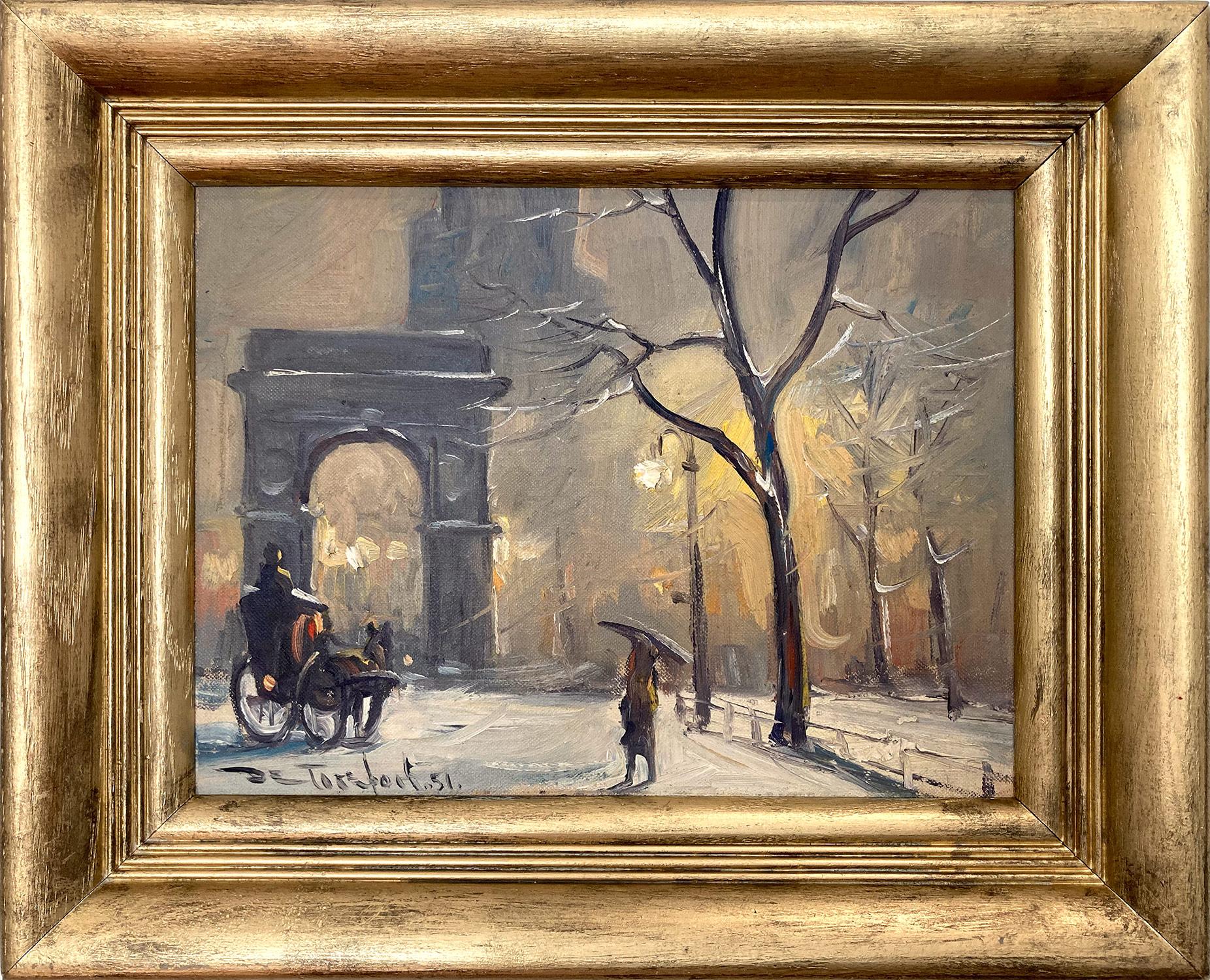 Bela de Tirefort Landscape Painting - "Snow by Washington Square Park" Impressionist Winter Oil Painting New York City