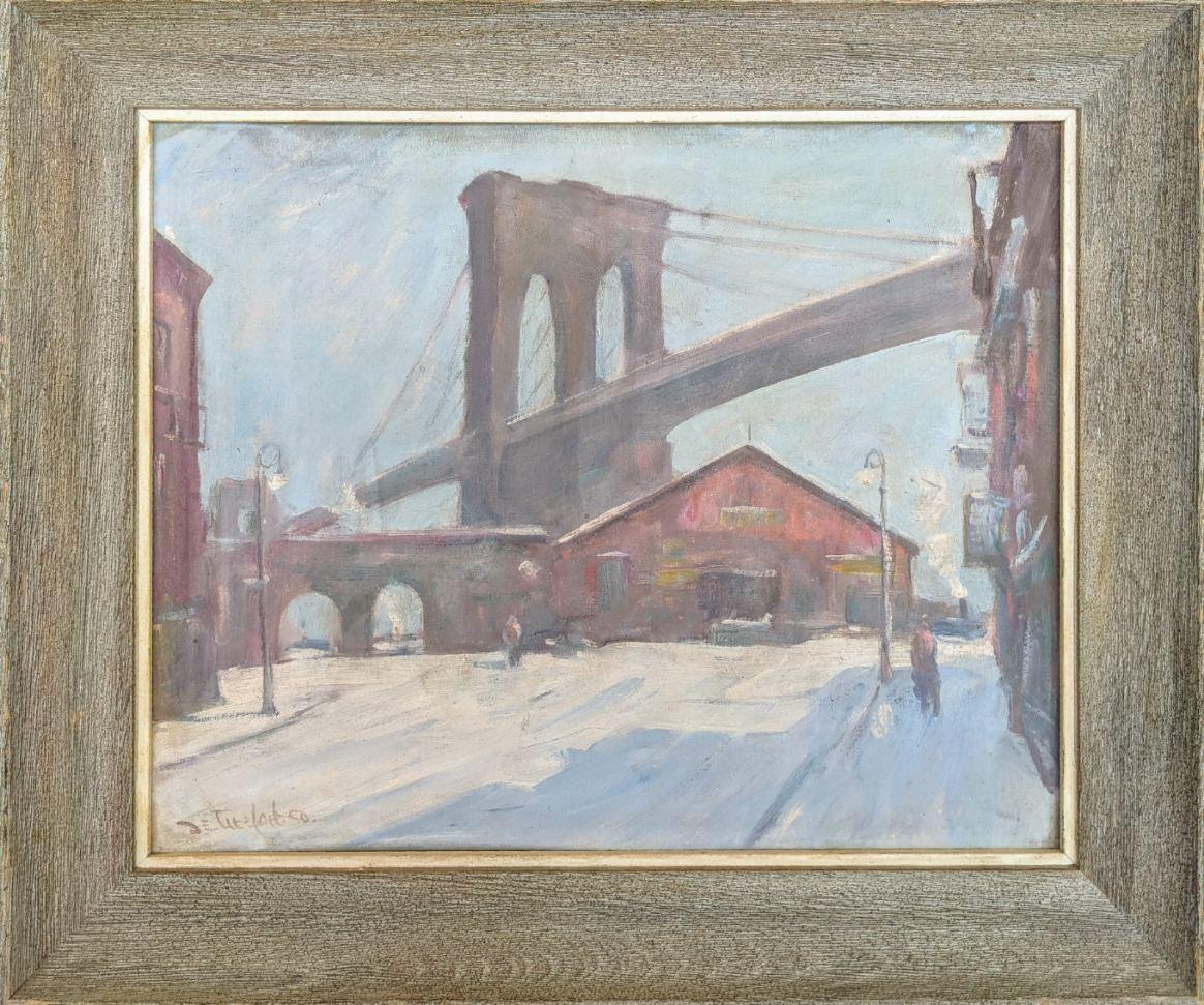 Bela de Tirefort (1894 – 1993)
Sunday Morning Under the Brooklyn Bridge, 1950
Oil on canvasboard
16 x 20 inches
Signed and dated lower left; signed and titled on the reverse on artist label

Provenance:
Private Collection, Nyack, New York

Bela de