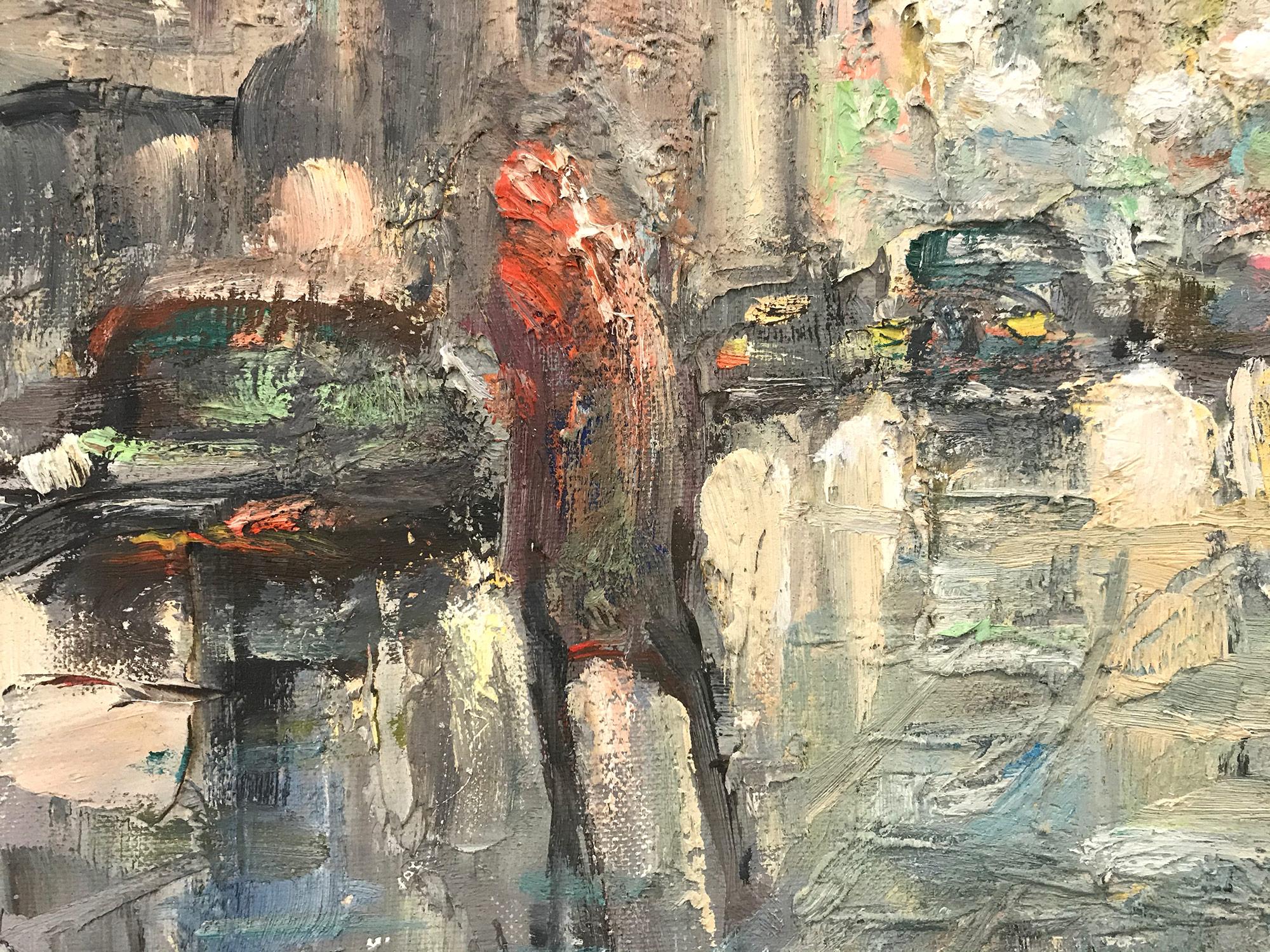 A charming depiction of New York City near Central Park, going down 5th Avenue on a chilly evening with city buildings captured in the distance. A cozy impressionistic scene with wonderful use of light and thick textured oil paint. This painting