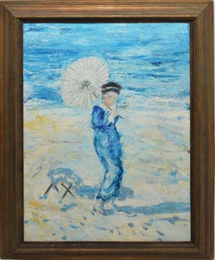 American Impressionist Antique Oil Painting Figure on a Beach with Parasol