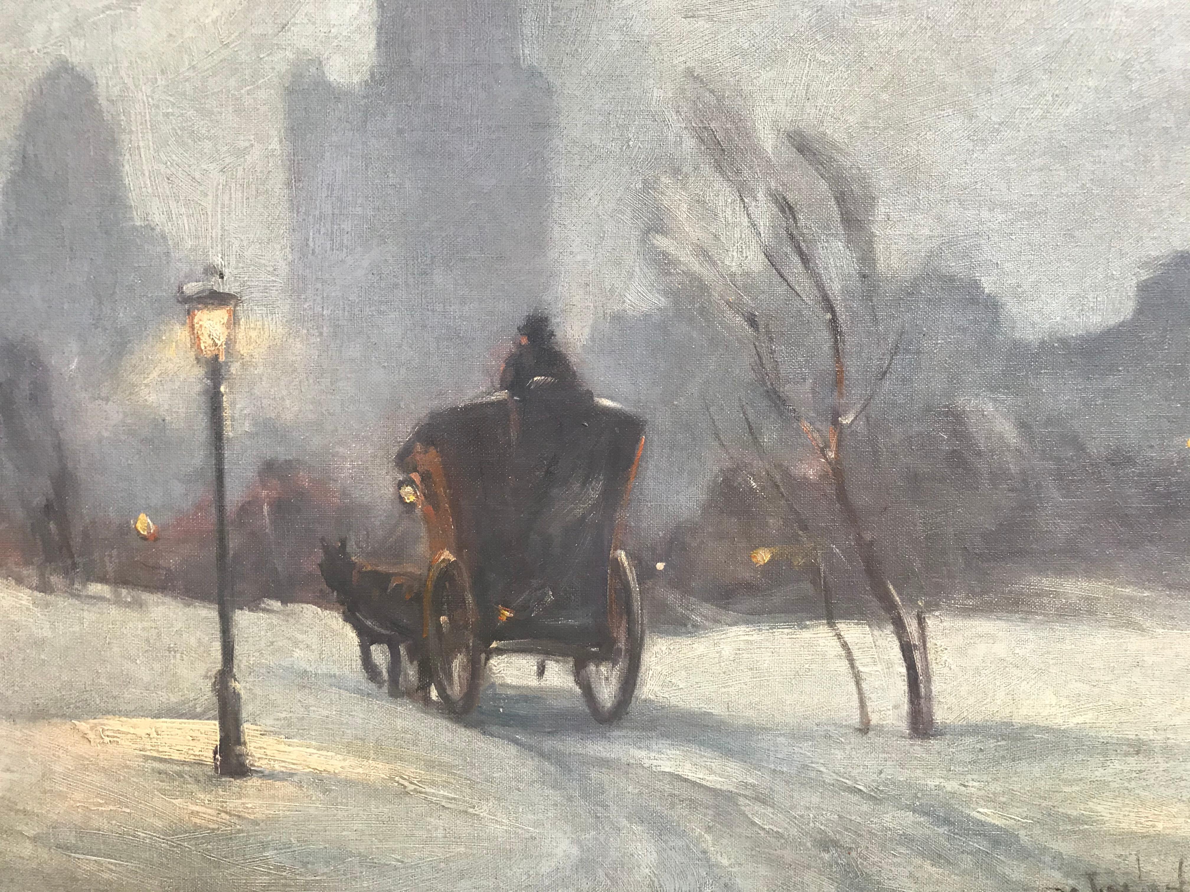 “Hansom Carriage, Central Park” - Painting by Bela DeTirefort