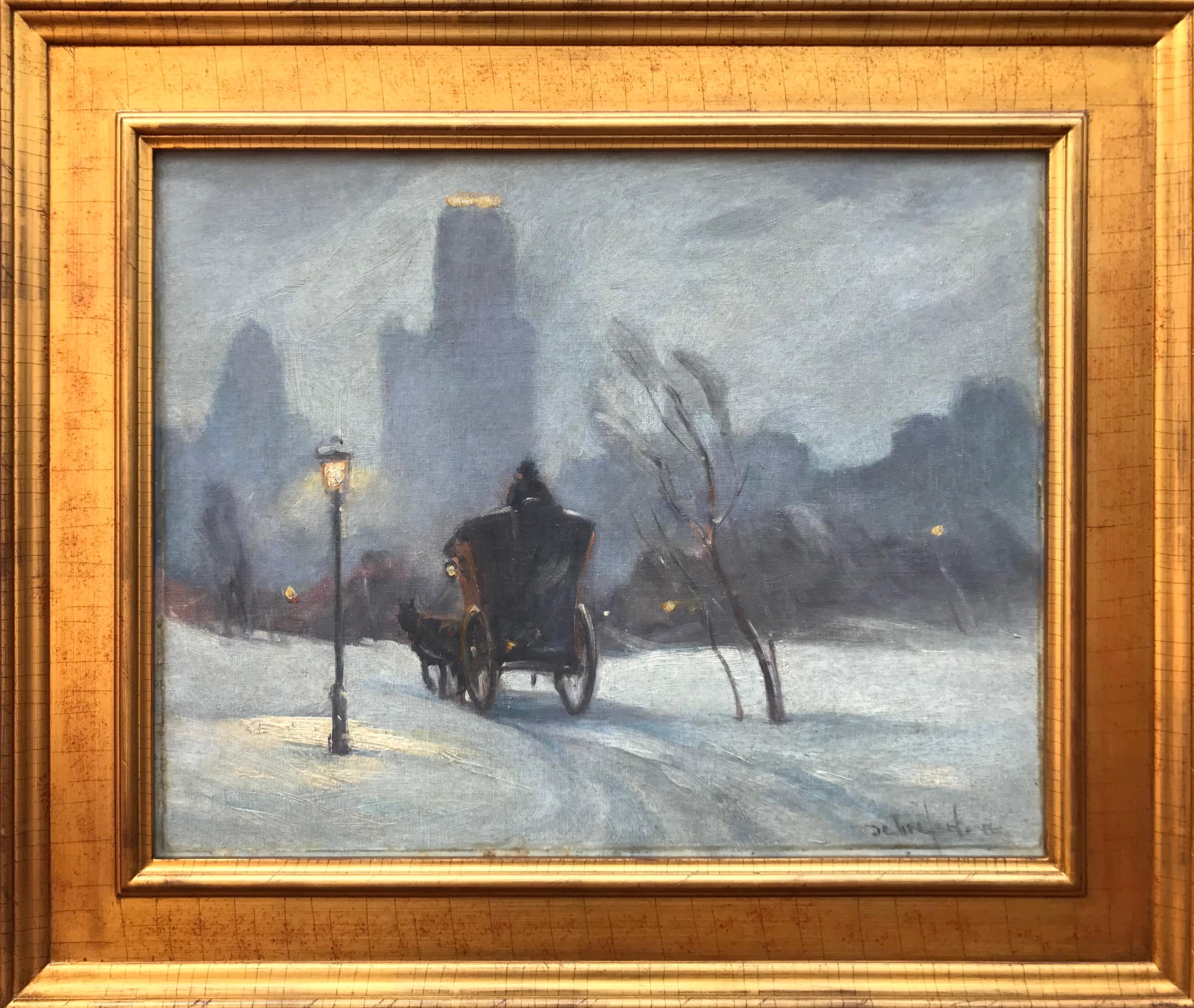 Stunning and atmospheric classic New York winter scene by noted Austrian-born, American artist Bela de Tirefort. Bela de Tirefort was known for his stunning New York scenes, mostly painted on sight, leaving us with an enduring record of the