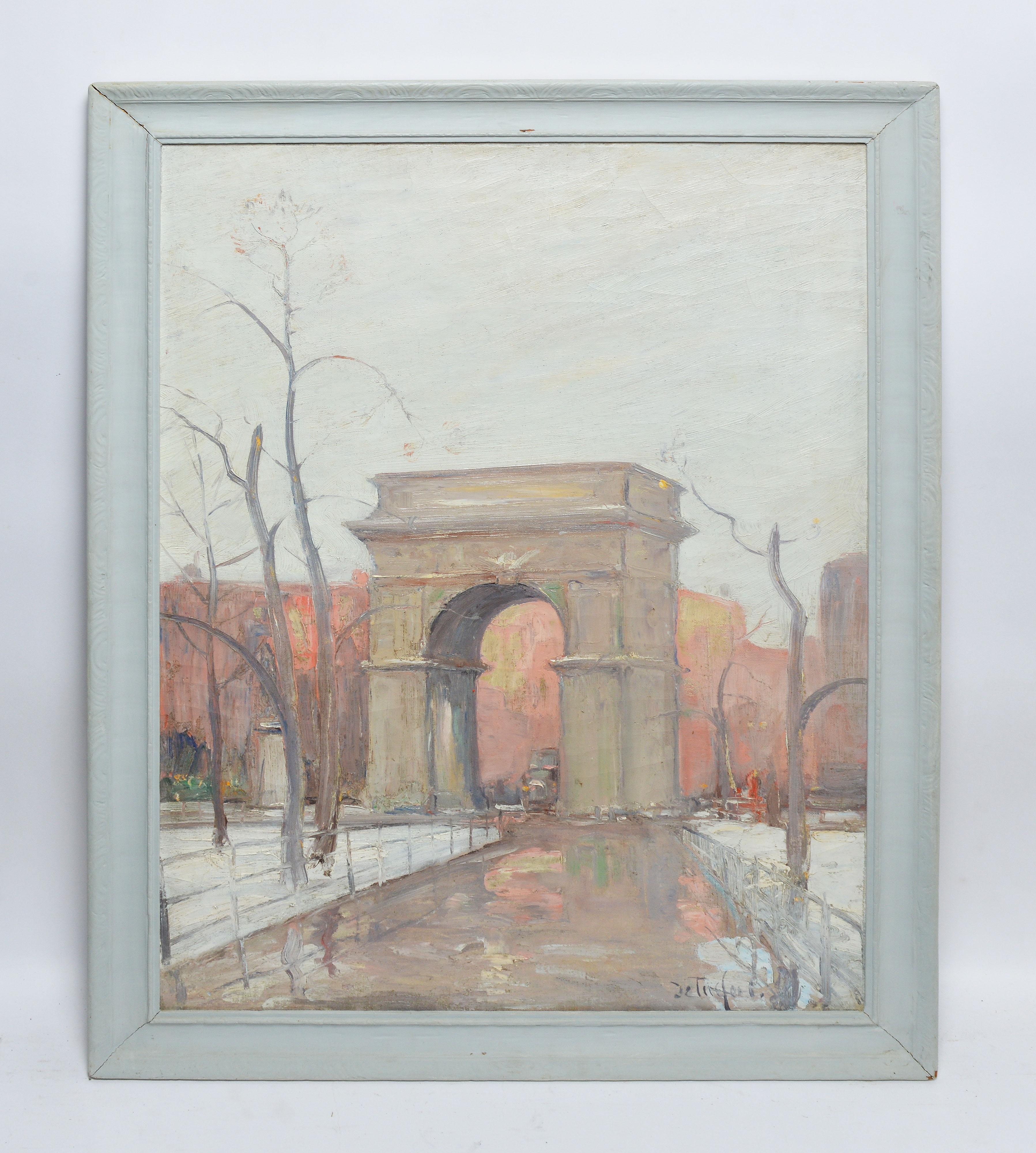 Winter in Washington Square Park, New York Cityscape Painting by Bela DeTirefort 1