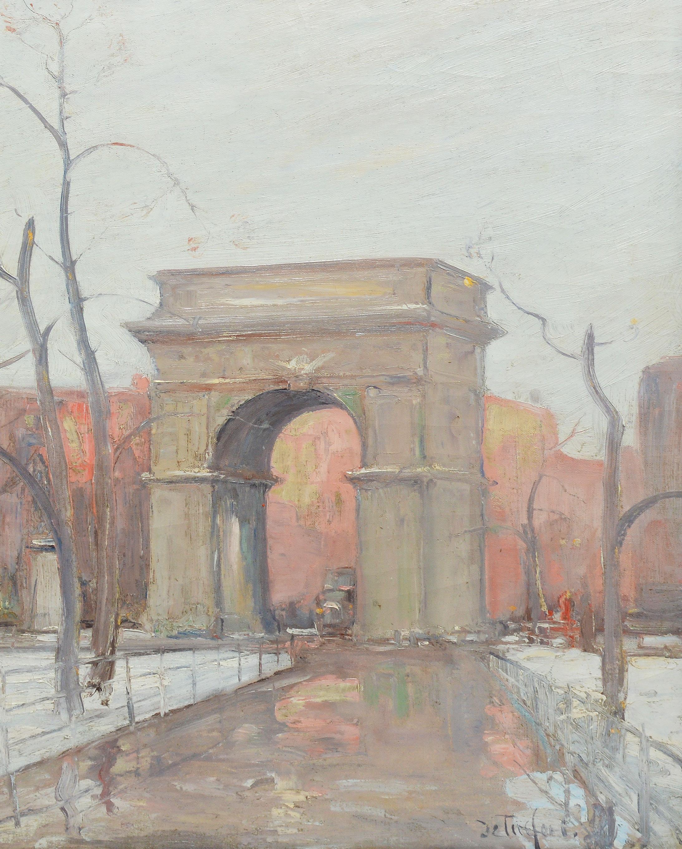 Winter in Washington Square Park, New York Cityscape Painting by Bela DeTirefort 4