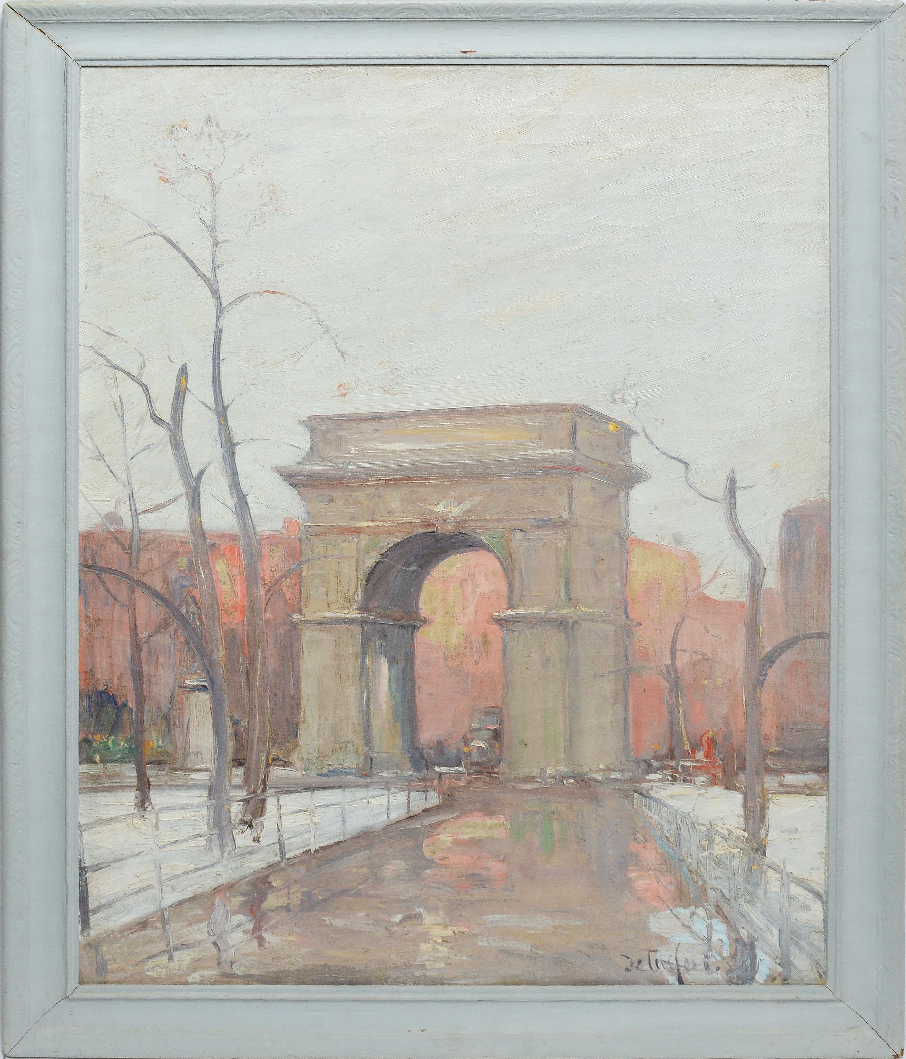 Impressionist oil painting of Washington Square Park in New York City by Bela DeTirefort (1894-1993). Oil on canvas, circa 1925. Signed "DeTirefort" lower left. Displayed in a period white impressionist frame.  Image, 20"L x 28"H, overall 24"L x