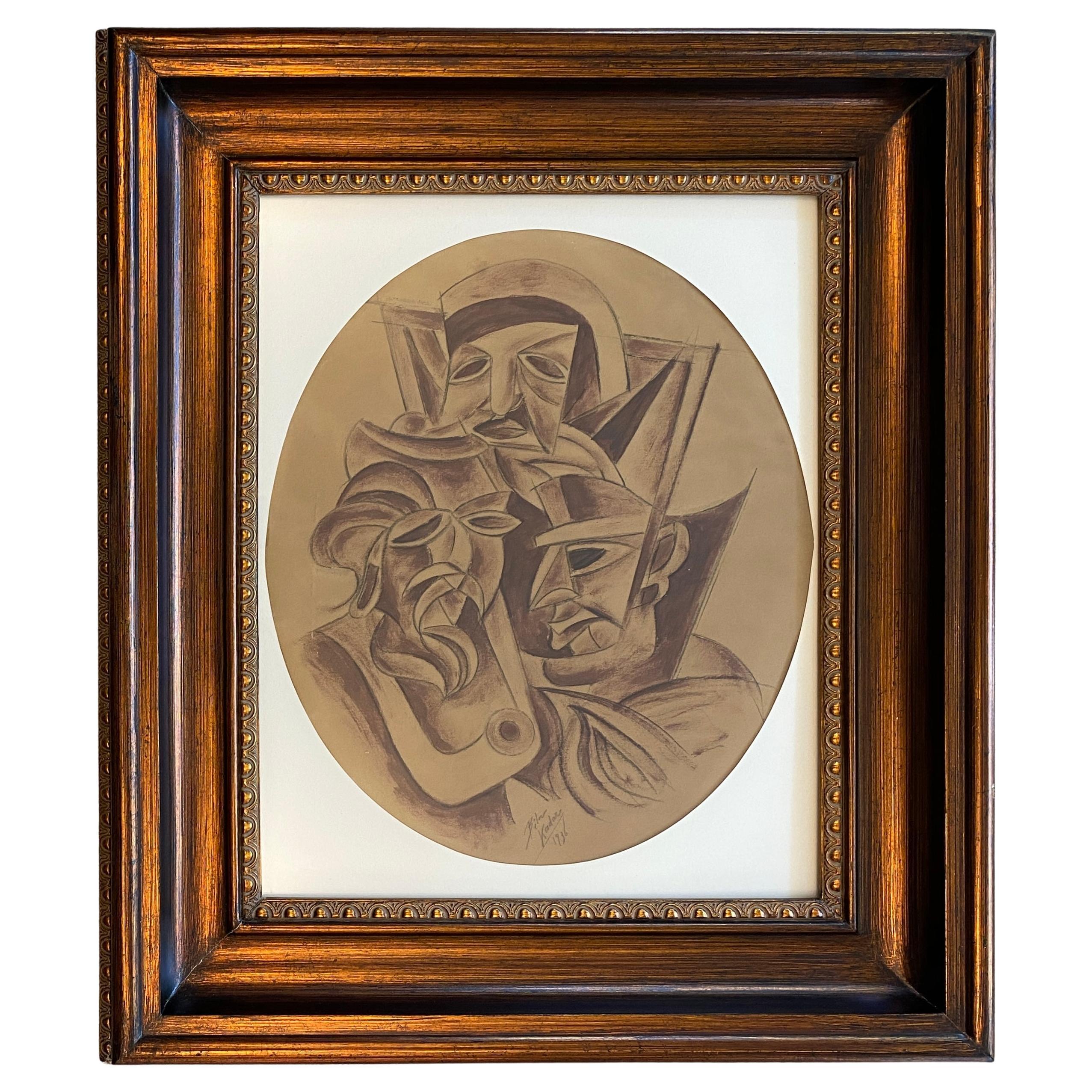 Bela Kadar Cubist Painting, "Cubist Figures"  Painting by Béla Kádár dated 1936