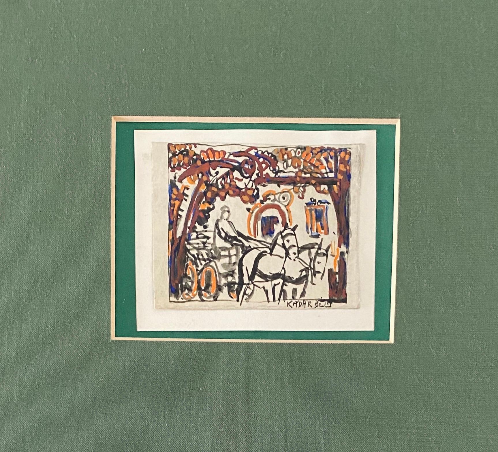 Artista ungherese moderno Mixed Media Cavallo e calesse Bela Kadar in vendita 2