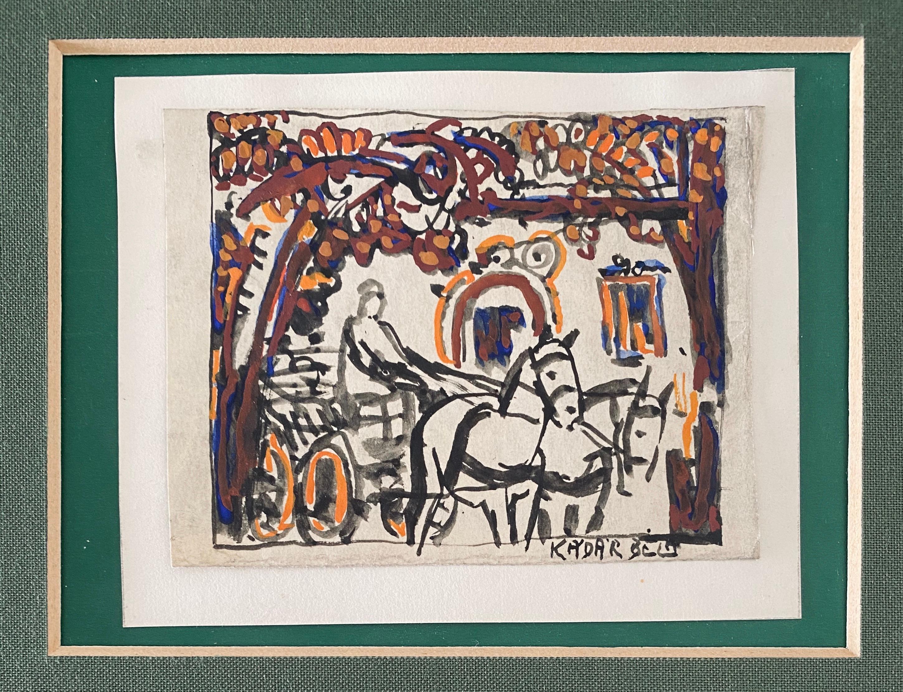 Artista ungherese moderno Mixed Media Cavallo e calesse Bela Kadar in vendita 3