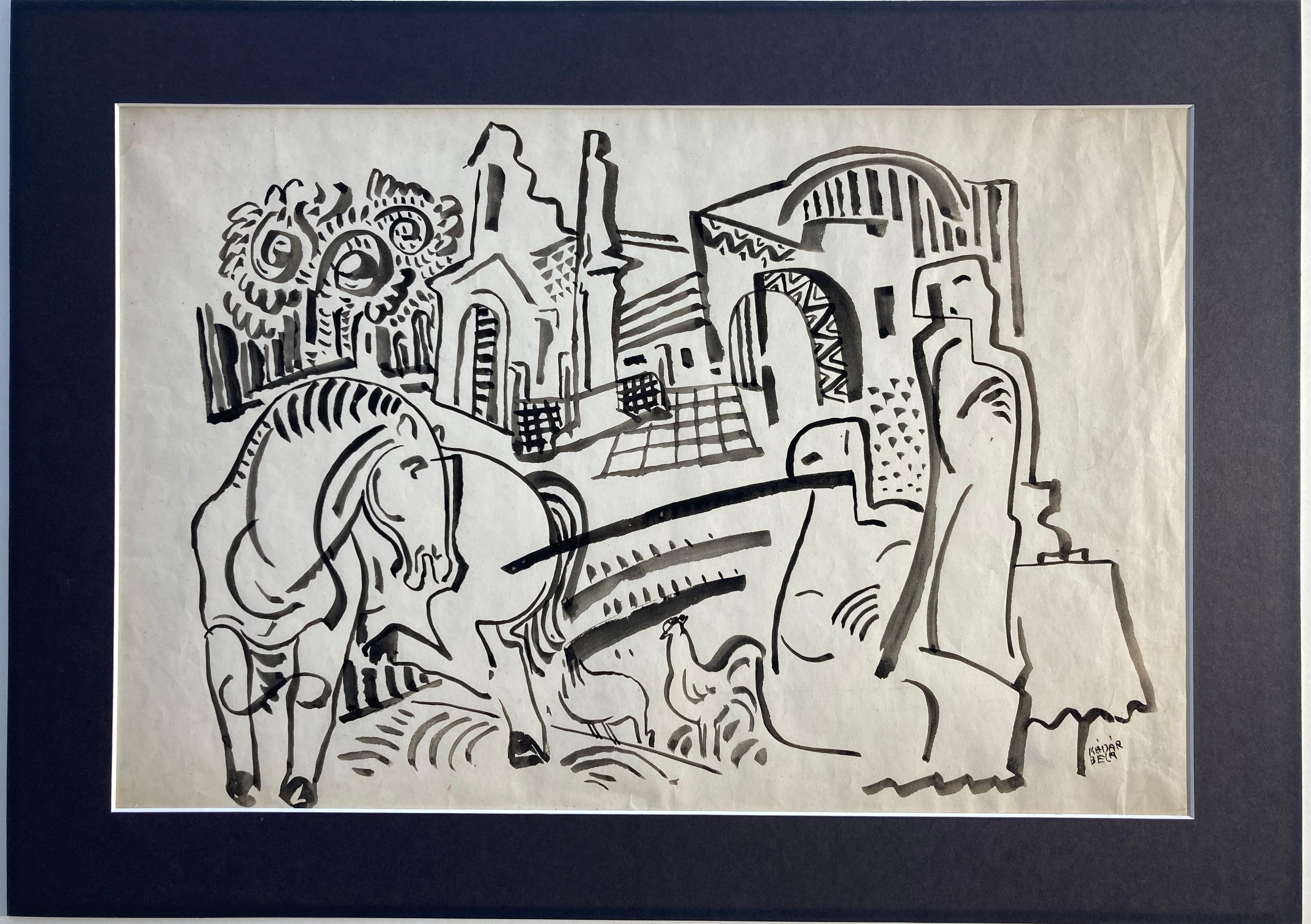 Bela Kadar Dessin à l'encre - Paysage urbain avec personnages, cheval, poules, arbres en vente 1