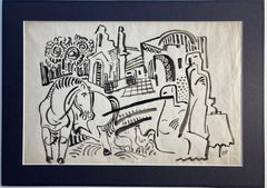Bela Kadar Ink Drawing – Townscape with Figures, Horse, Chickens, Trees