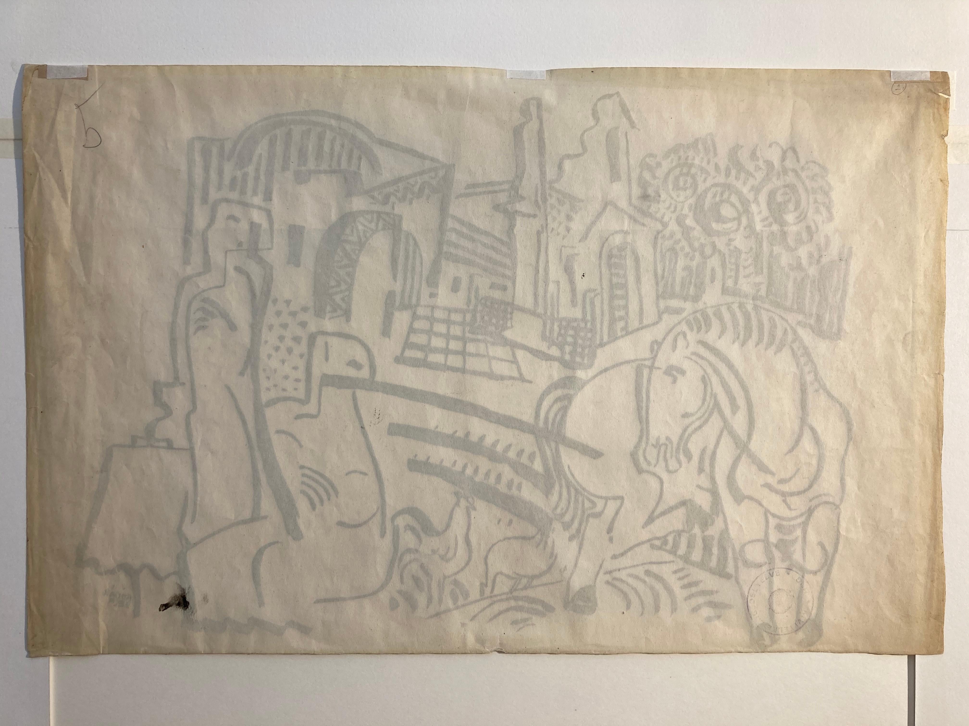 Bela Kadar Ink Drawing – Townscape with Figures, Horse, Chickens, Trees For Sale 3