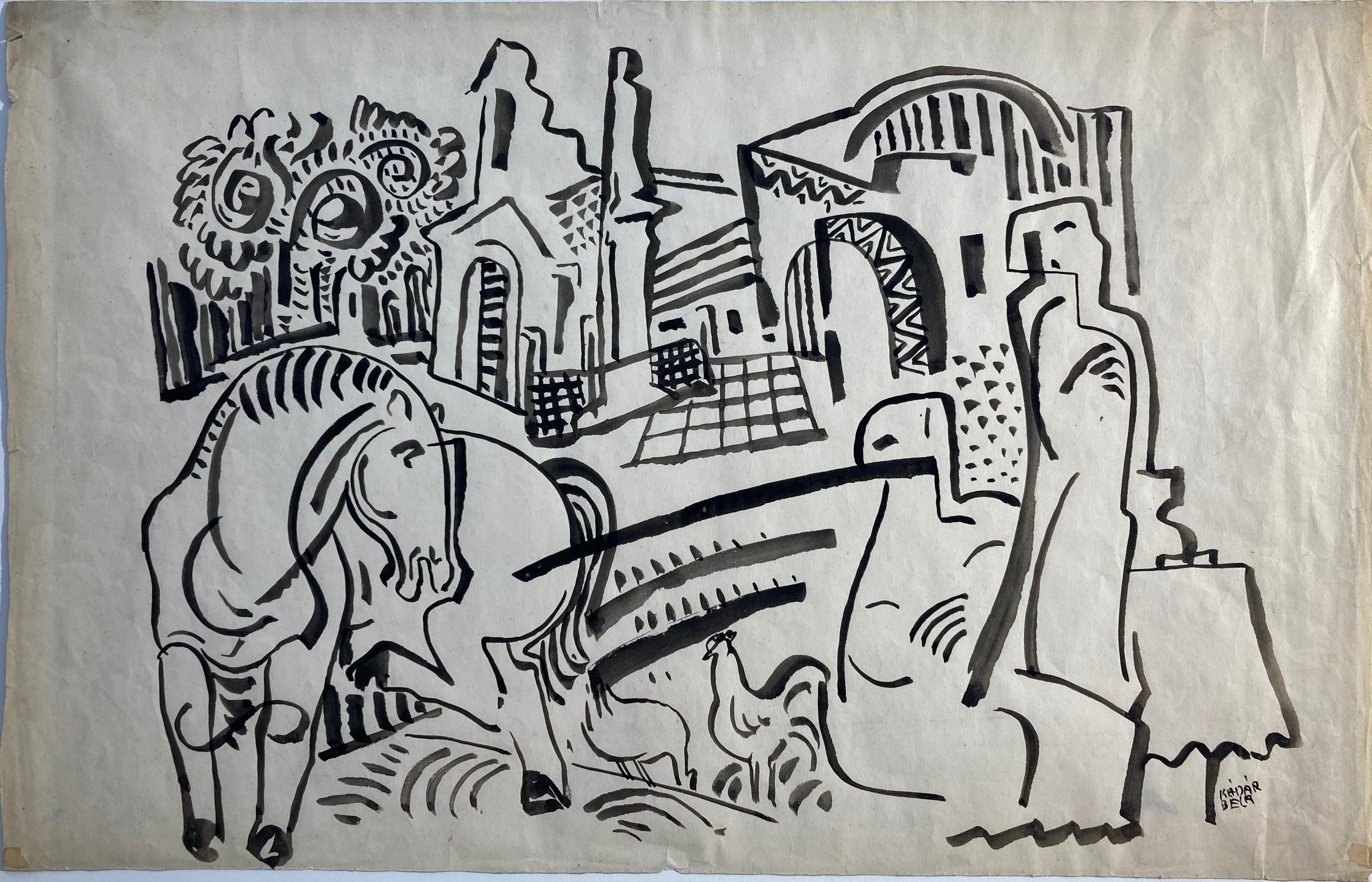 Bela Kadar Dessin à l'encre - Paysage urbain avec personnages, cheval, poules, arbres