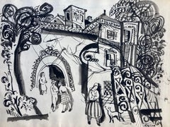 Bela Kadar, Tinta.  Estudio de desnudo (verso); Entrada de ciudad con gente, perro (anverso)