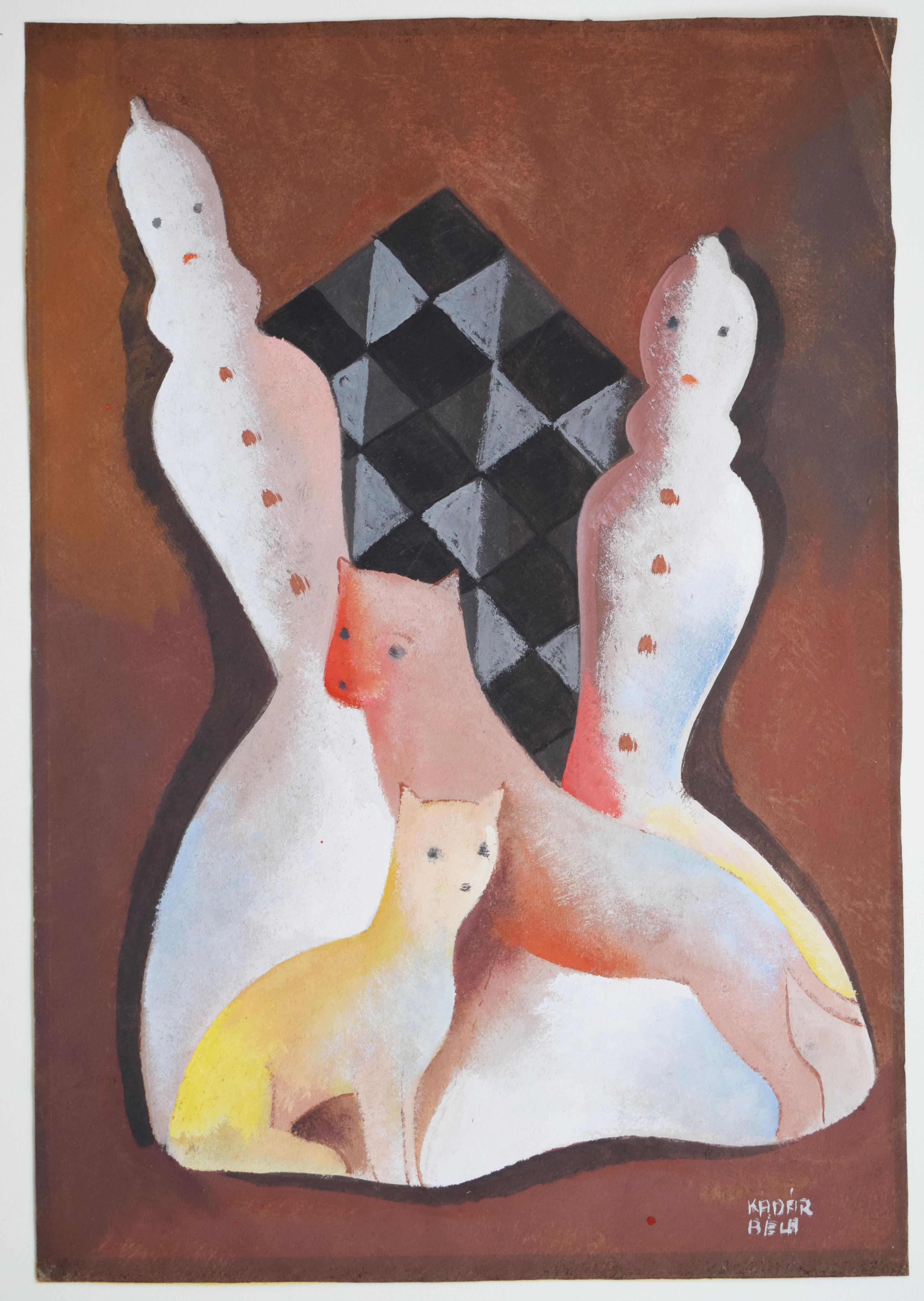 Gatti a scacchiera - Gatti a scacchiera interni del cubismo ungherese - Painting di Bela Kadar