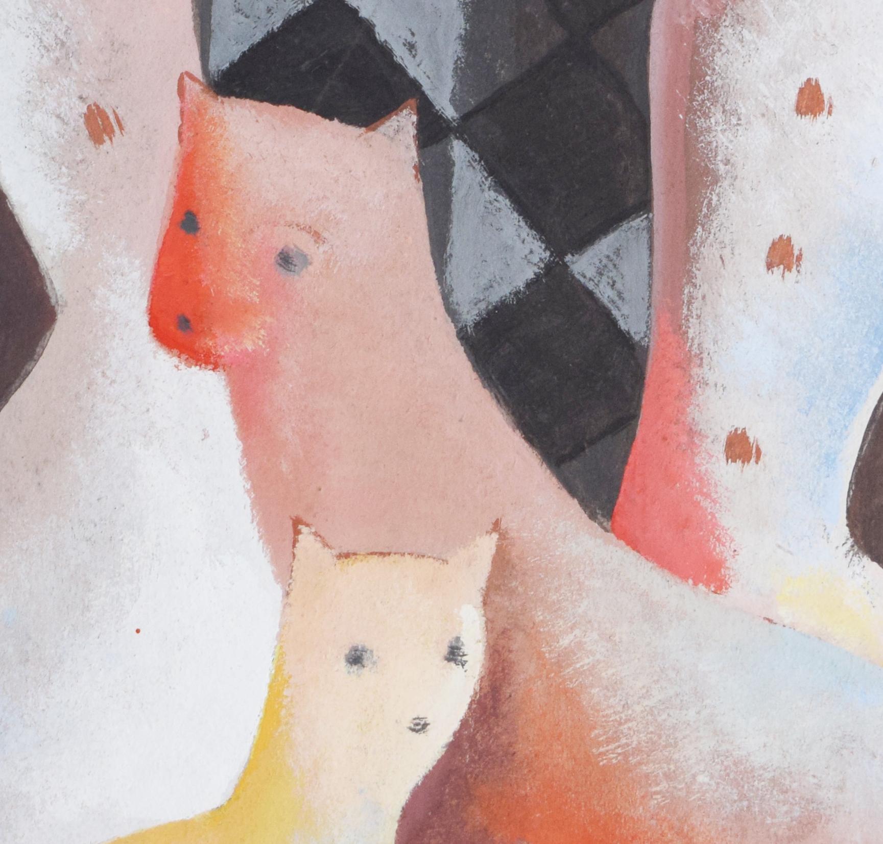 Gatti a scacchiera - Gatti a scacchiera interni del cubismo ungherese - Animal Painting Marrone di Bela Kadar