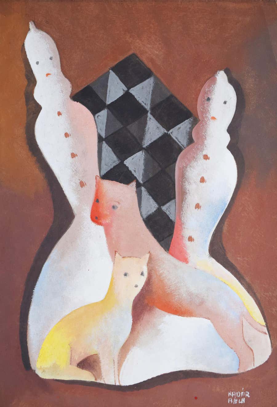 Cats with Checkerboard - Hungarian Cubism Interior Checkerboard Cats