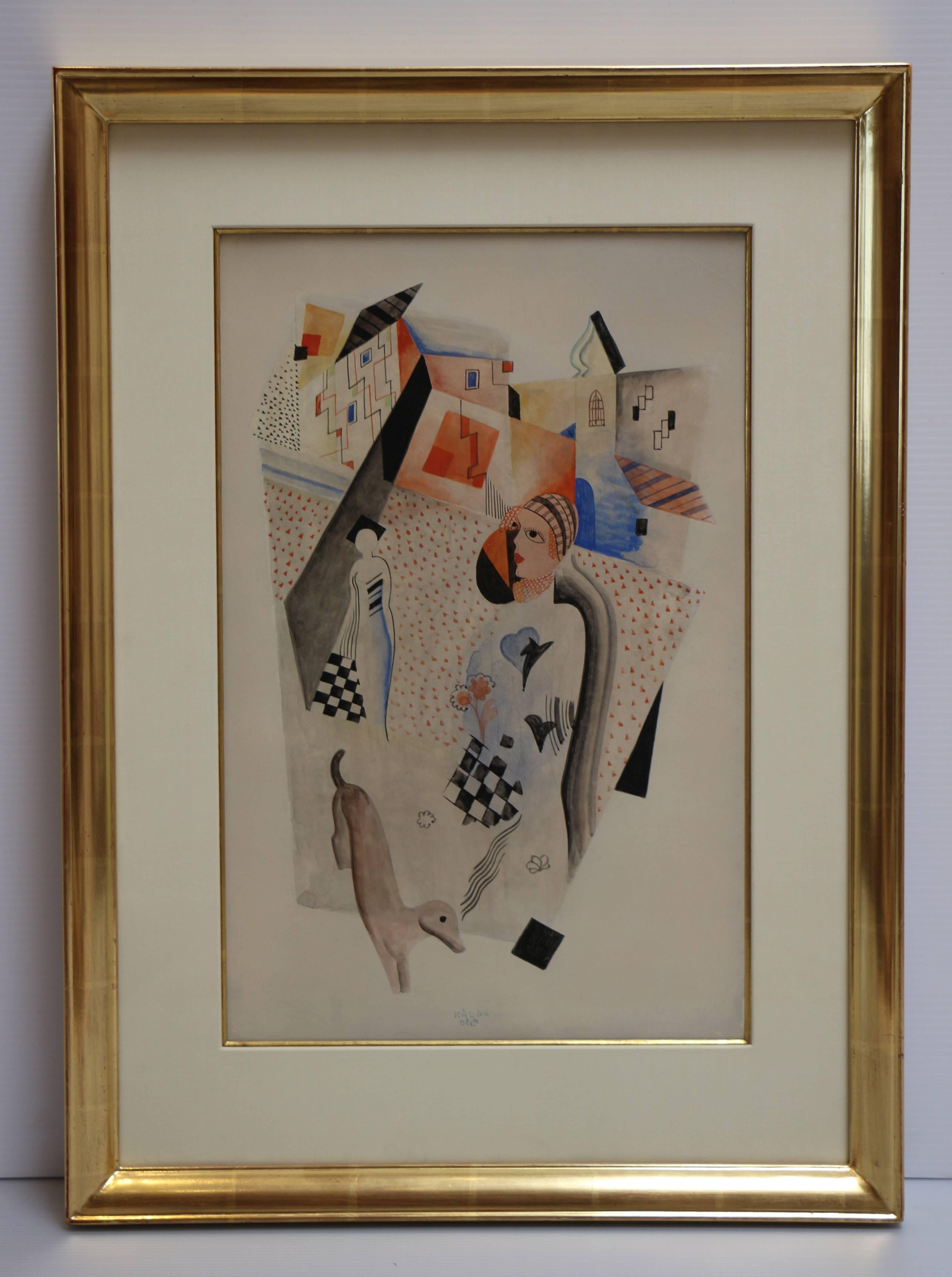 Composition Two, original watercolor with two figures and dog in front of houses - Painting by Bela Kadar