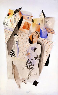 Composition Two, original watercolor with two figures and dog in front of houses