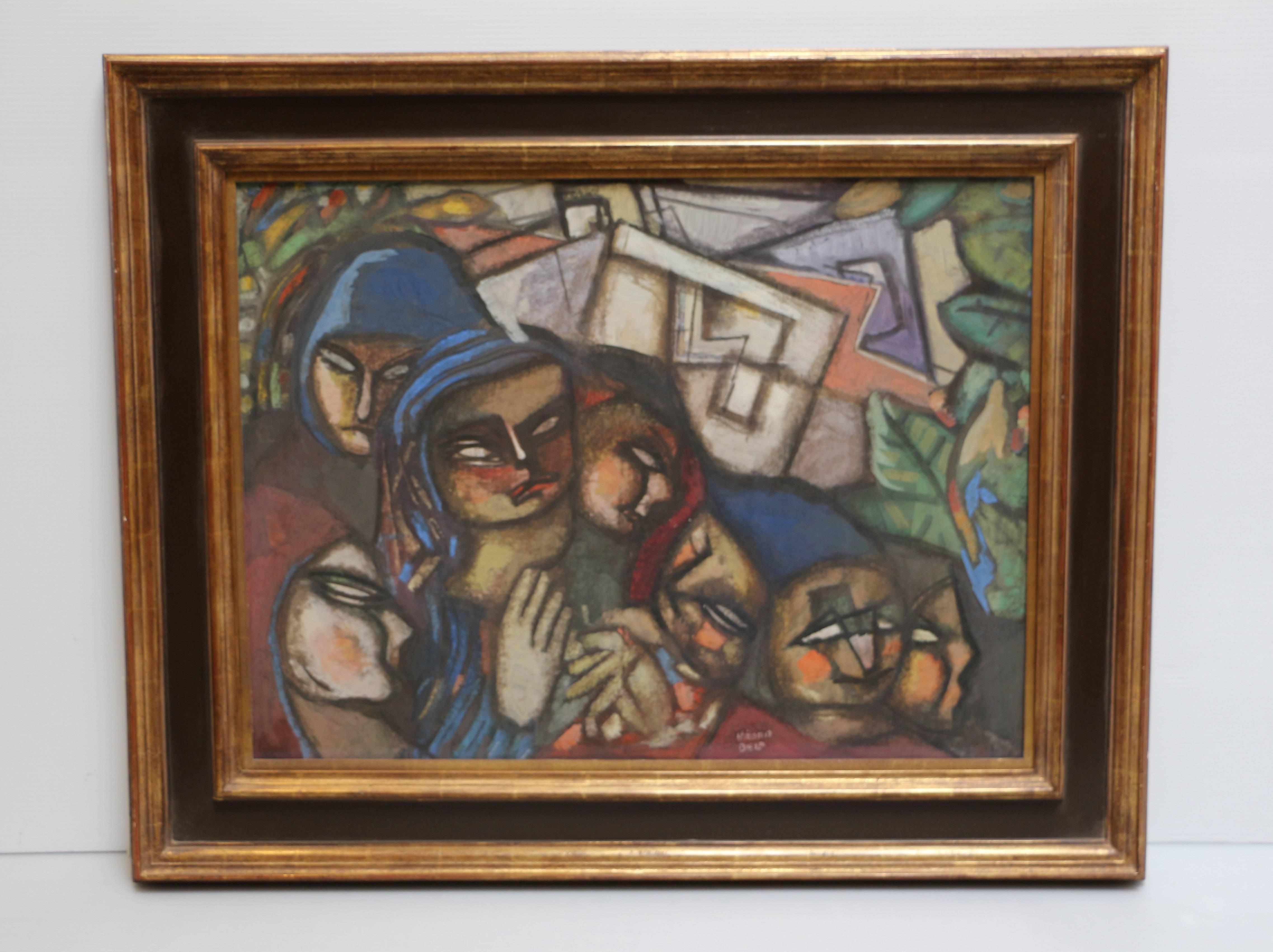 Family, gouache on paper depicting a family of 7 in Cubist style and dark colors - Painting by Bela Kadar