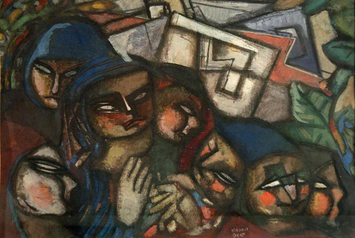 Bela Kadar Figurative Painting - Family, gouache on paper depicting a family of 7 in Cubist style and dark colors