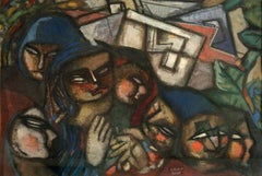 Vintage Family, gouache on paper depicting a family of 7 in Cubist style and dark colors