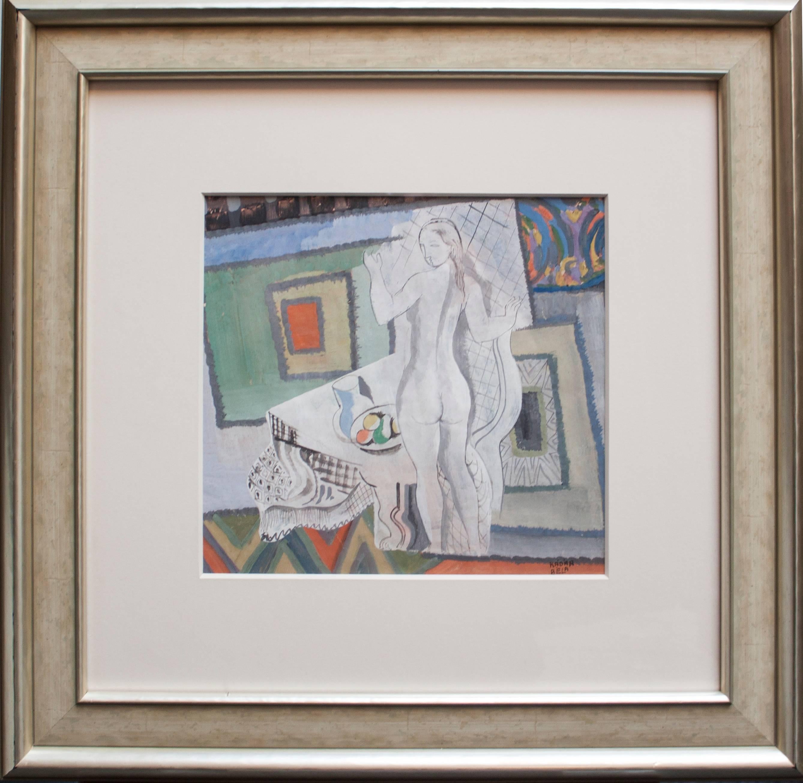 Femme Cubiste, cubist style painting of nude female with fruit bowl  - Painting by Bela Kadar