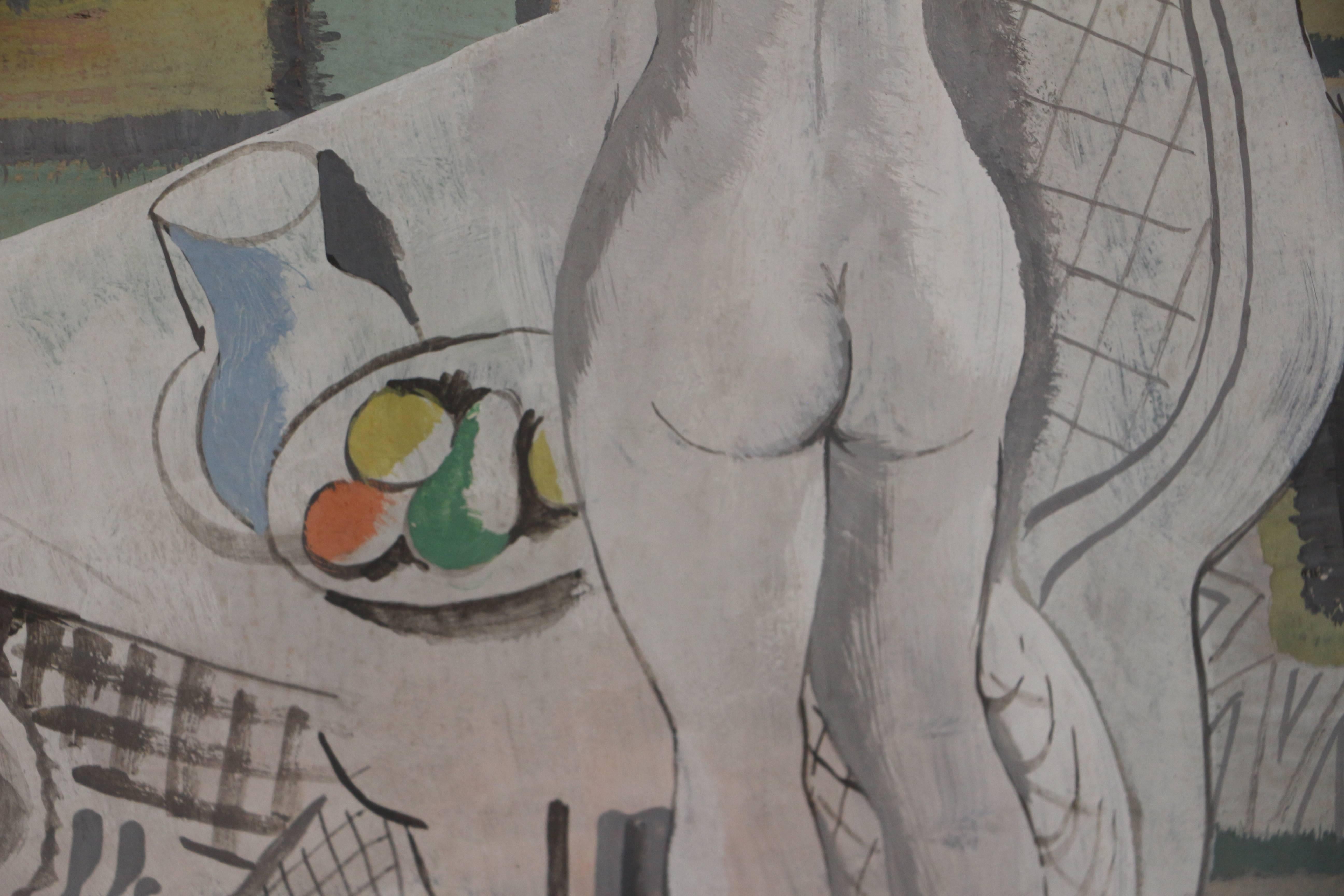 This original gouache on paper composition depicts the back side of a nude female with raised arms in front of a table with a bowl of fruit. The composition is in the Cubist style and displays colorful and geometric patterns in the background.