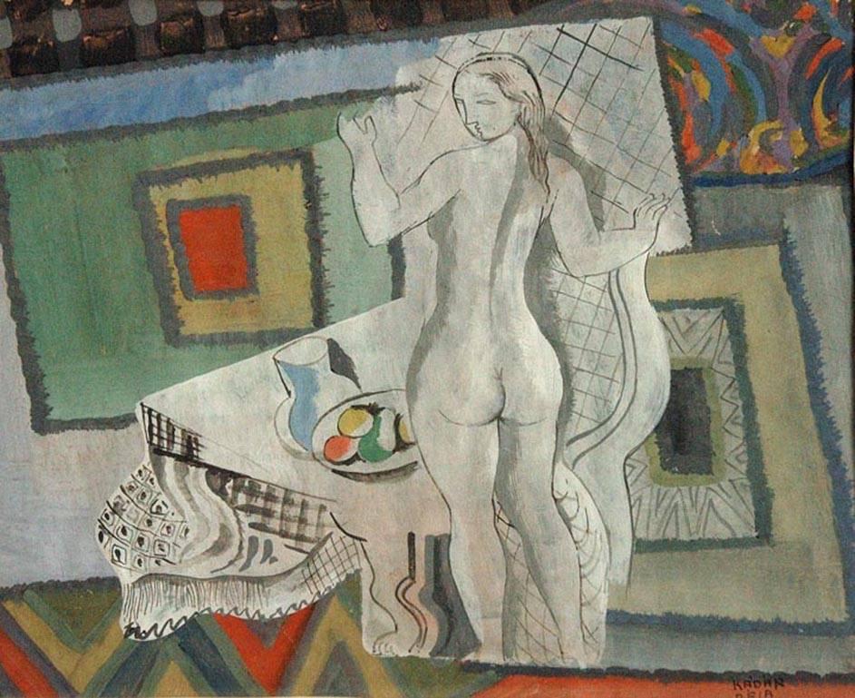 Bela Kadar Figurative Painting - Femme Cubiste, cubist style painting of nude female with fruit bowl 