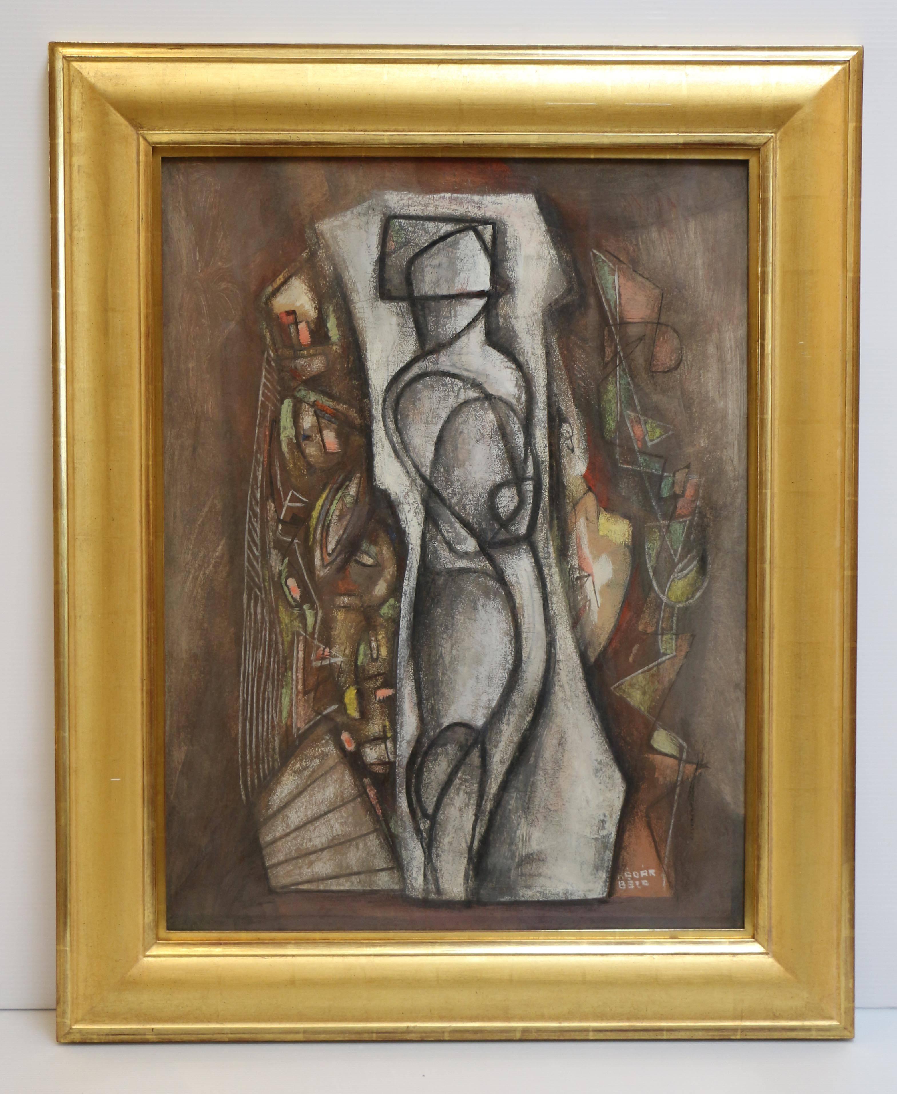 Untitled Composition with Figure, cubist work with central figure - Painting by Bela Kadar