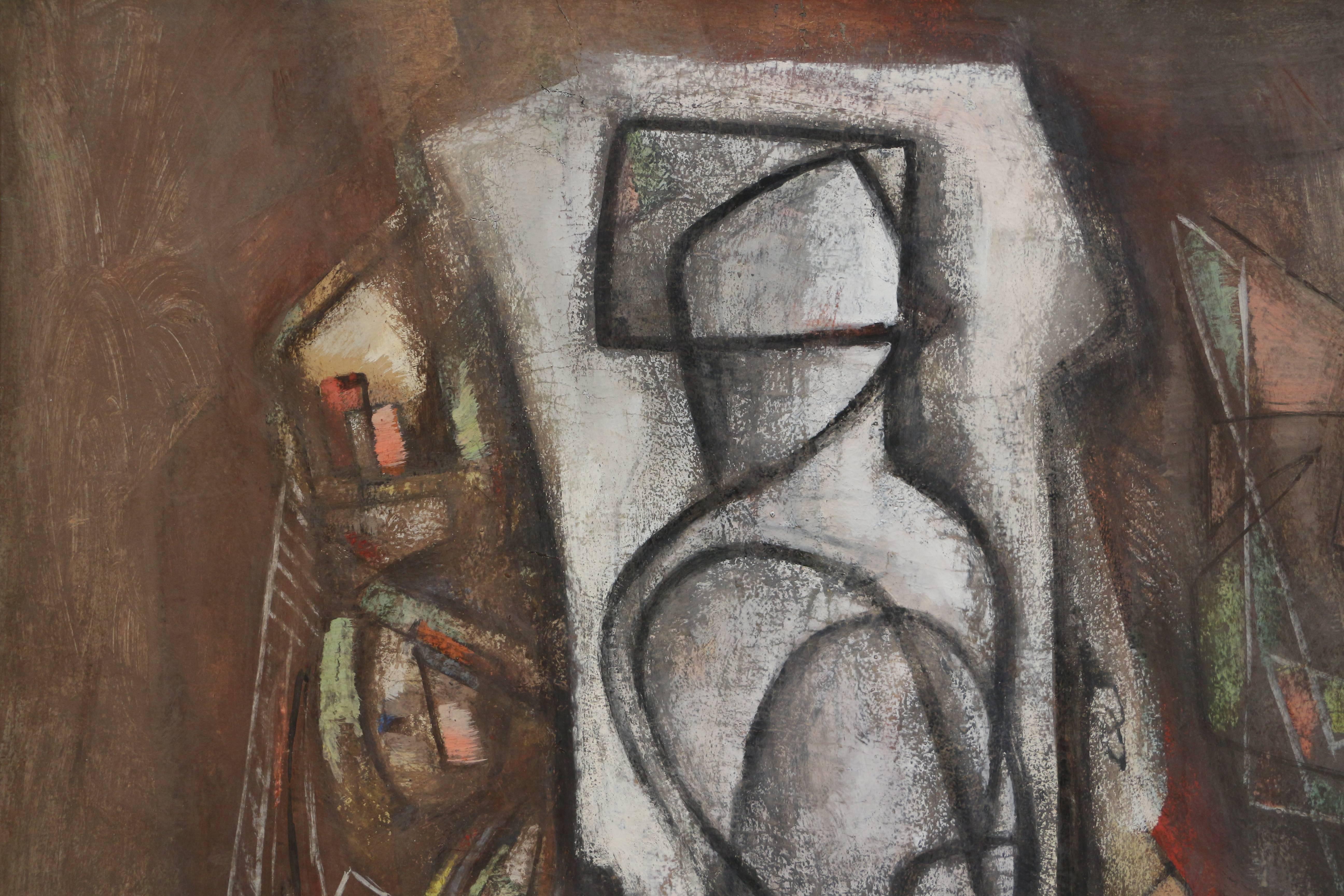 Untitled Composition with Figure, cubist work with central figure - Cubist Painting by Bela Kadar