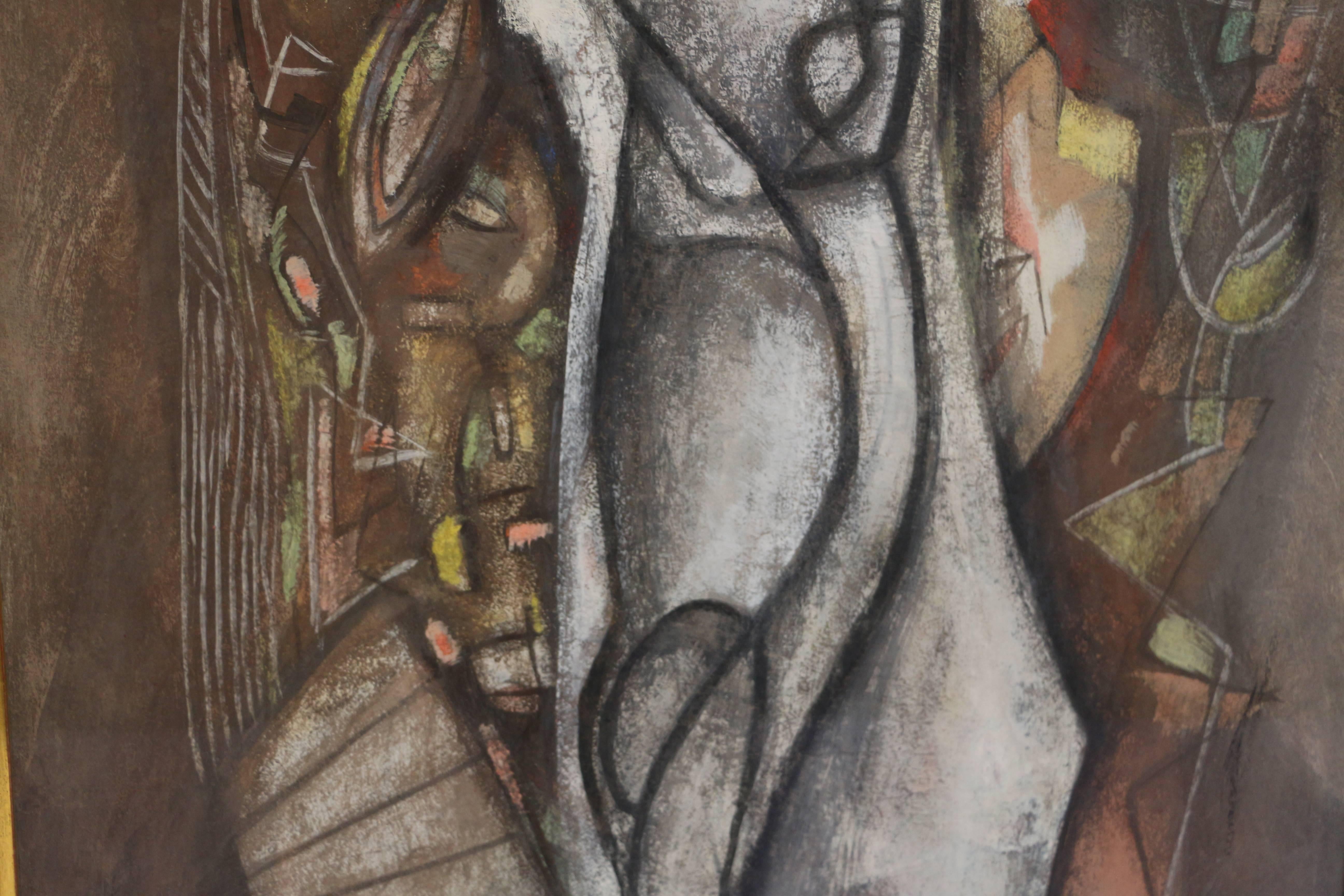 This original gouache on paper composition depicts a figure in the center of the work with some shapes in the background. The composition is in the Cubist style and displays colorful and geometric patterns in the background. 

Béla Kádár was born in