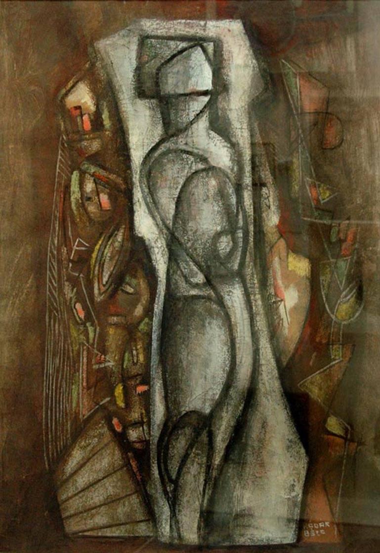 Bela Kadar Figurative Painting - Untitled Composition with Figure, cubist work with central figure