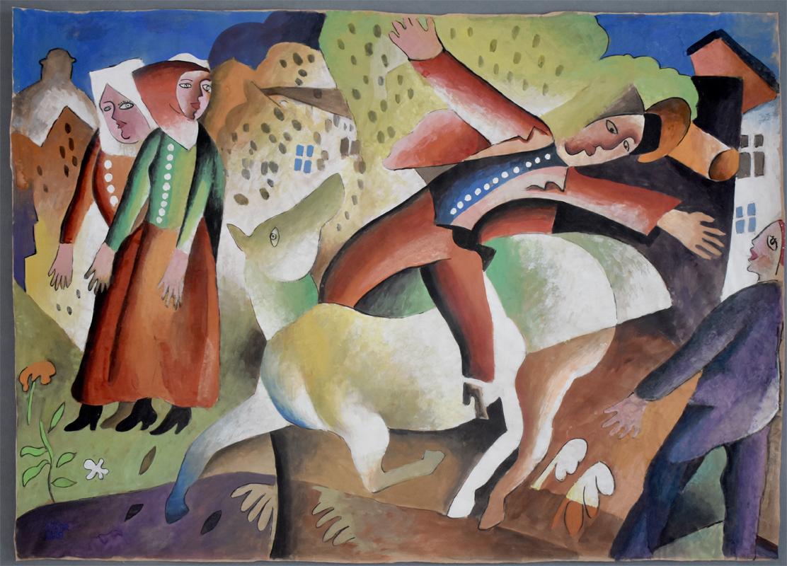 Caballo y jinete del pueblo - Painting de Bela Kadar