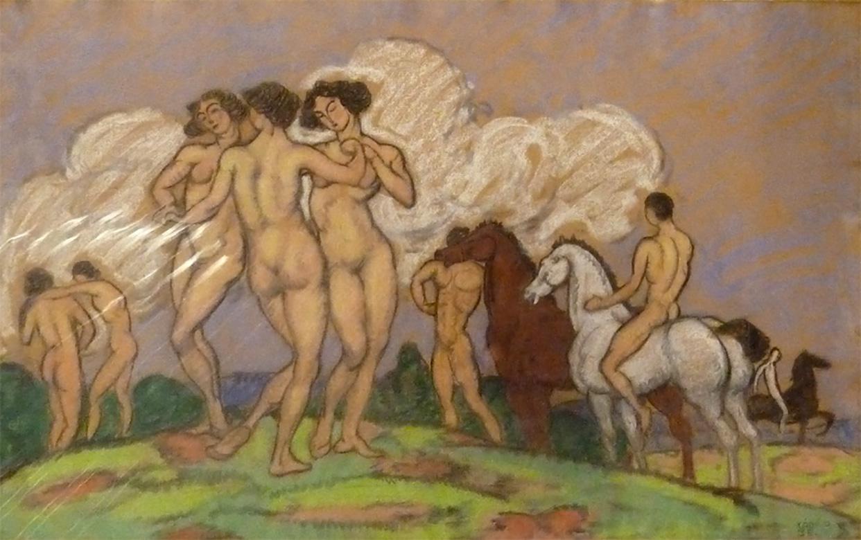 Bela Kadar Figurative Print - Nudes and Horses, 1911