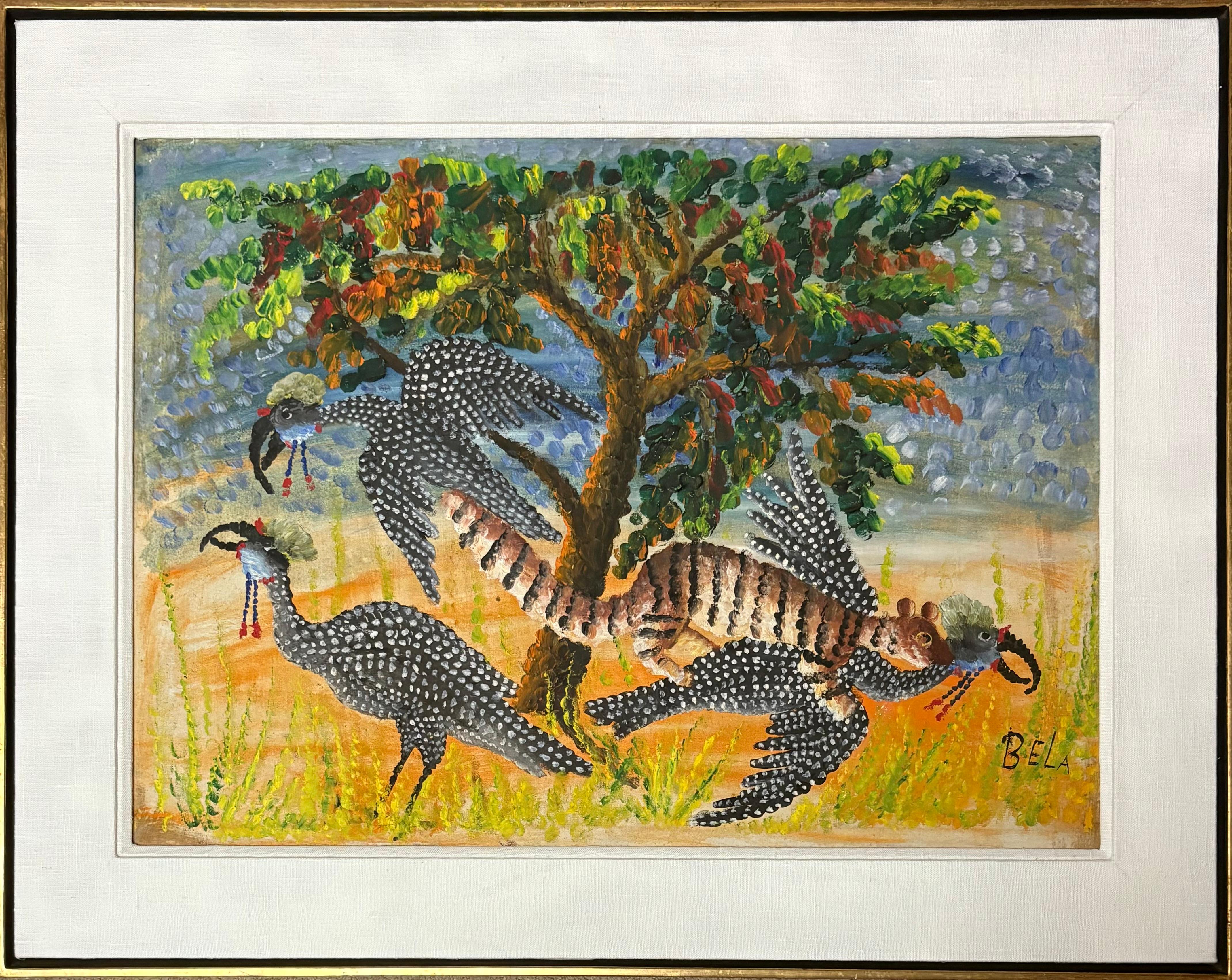 “Tiger attacking turkeys” - Painting by Bela Sara 
