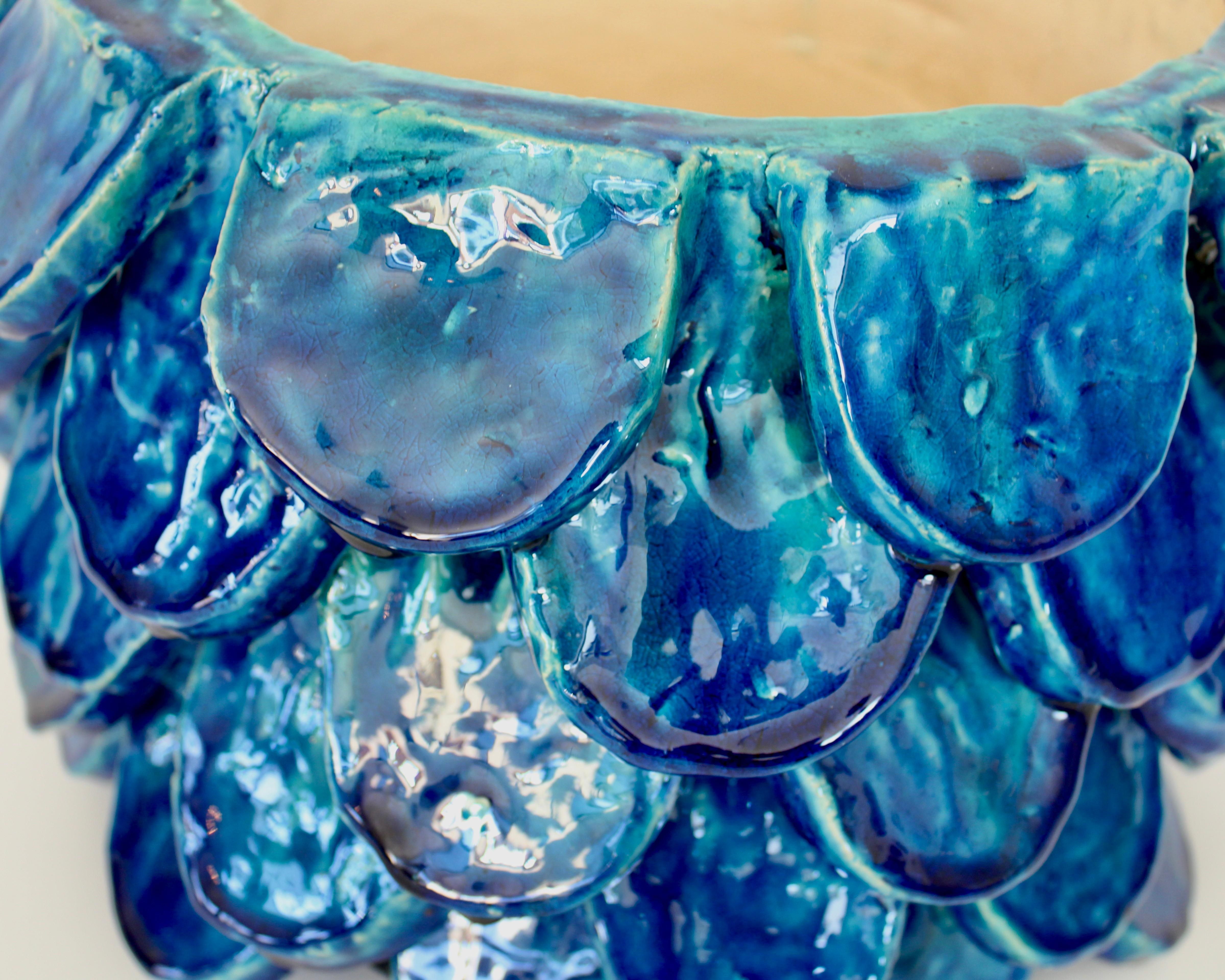 Bela Silva Sculptural Contemporary Floral Motif Blue Ceramic Vase, circa 2020 5