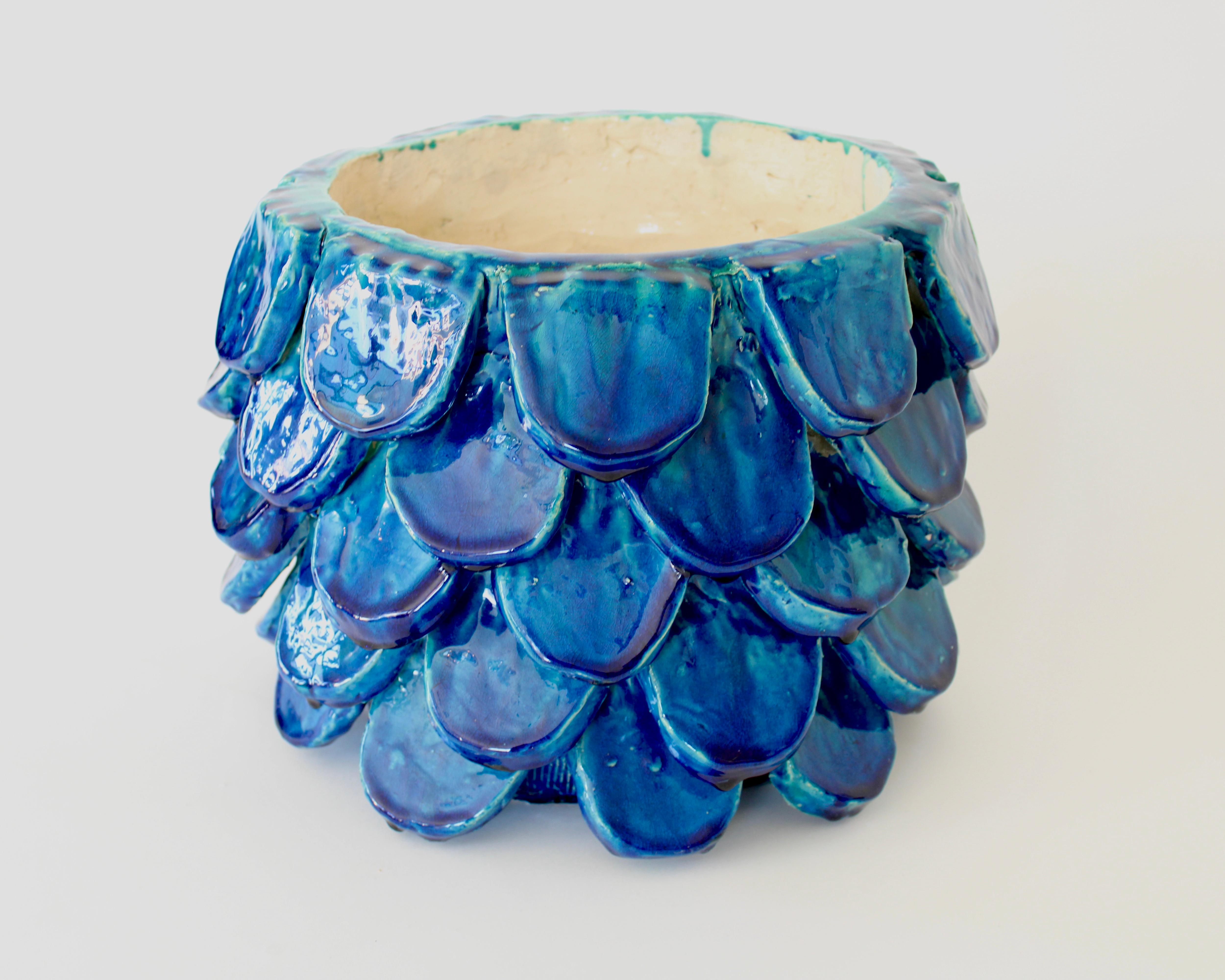 Modern Bela Silva Sculptural Contemporary Floral Motif Blue Ceramic Vase, circa 2020