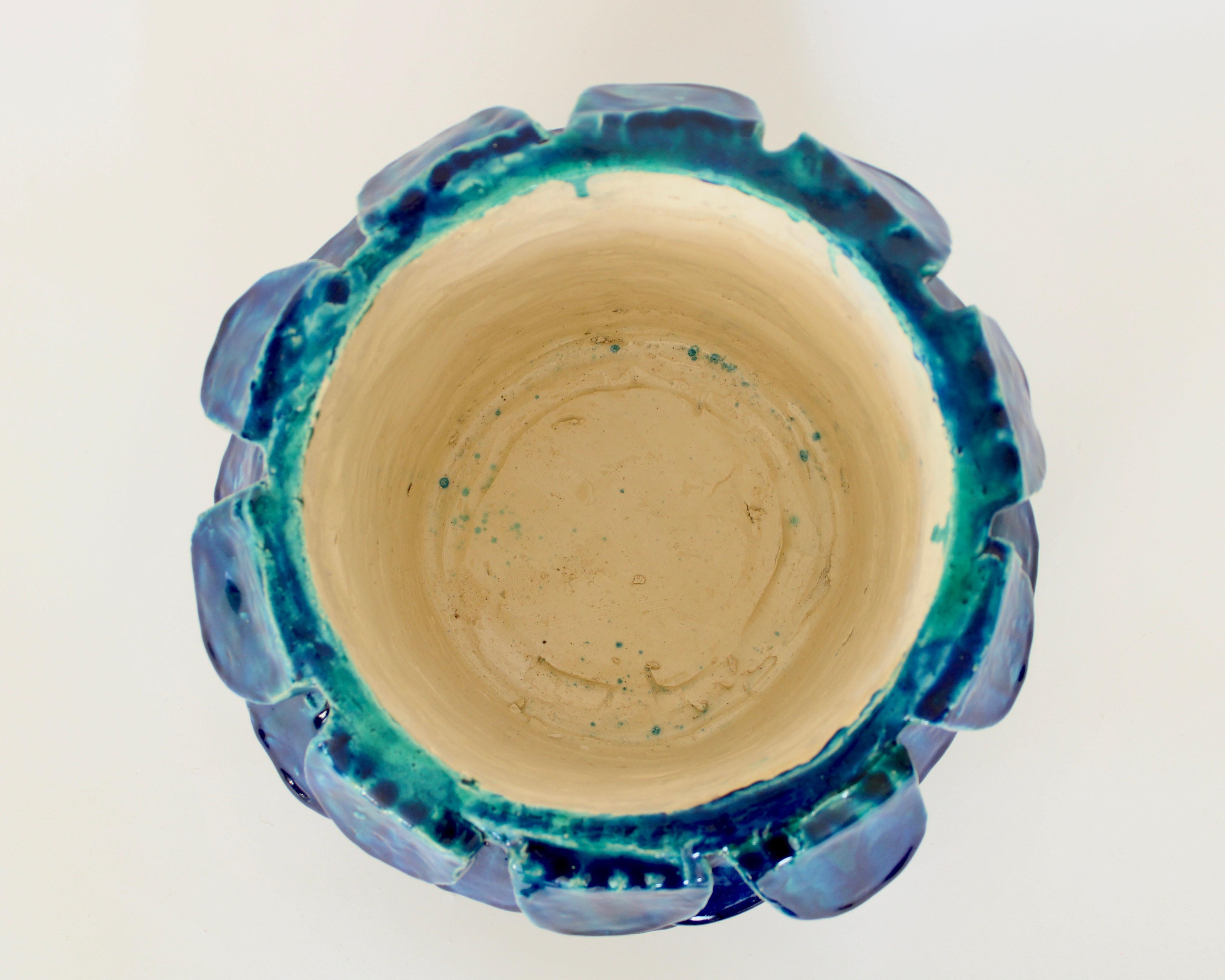Belgian Bela Silva Sculptural Contemporary Floral Motif Blue Ceramic Vase, circa 2020