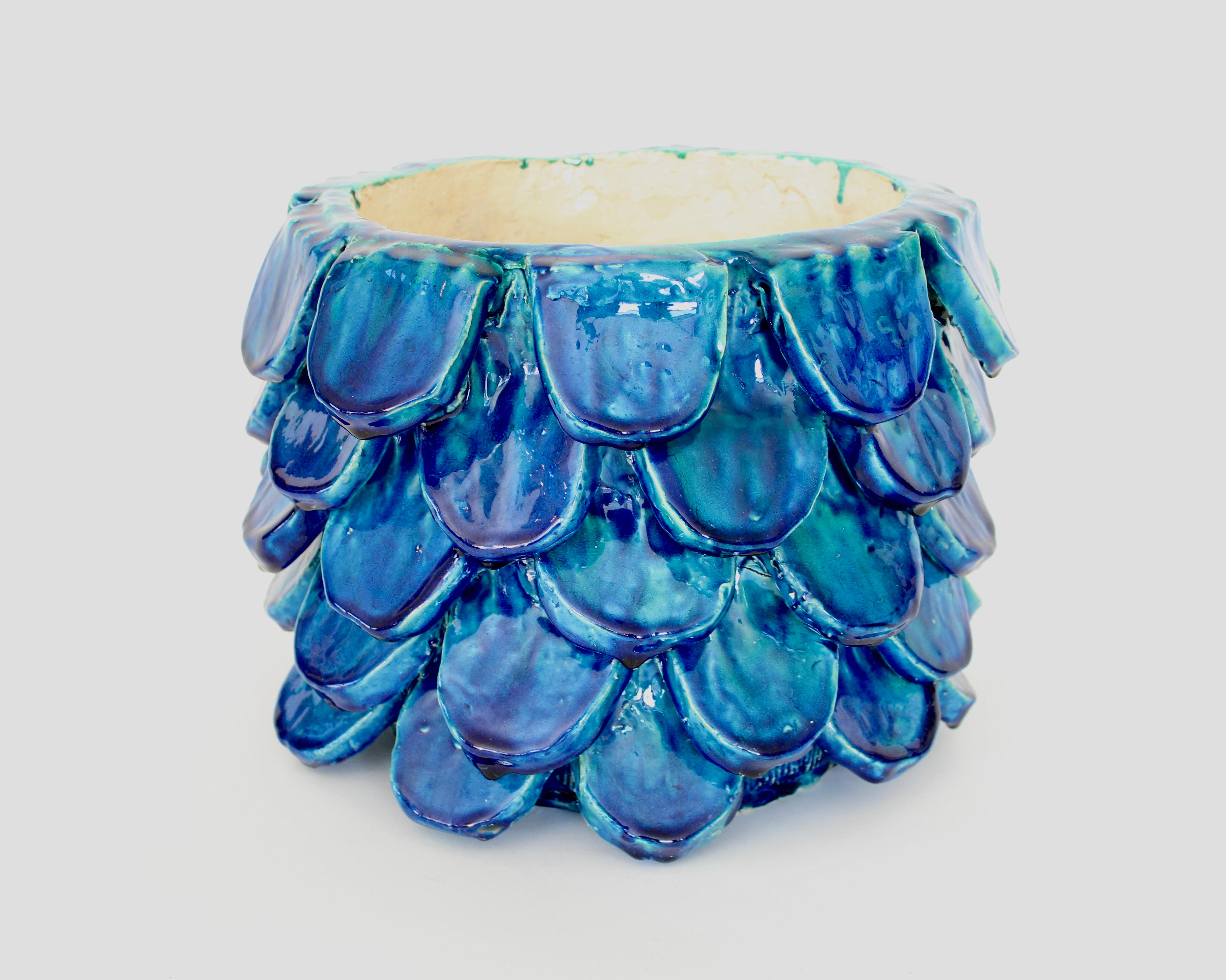 Bela Silva Sculptural Contemporary Floral Motif Blue Ceramic Vase, circa 2020 In New Condition In Chicago, IL